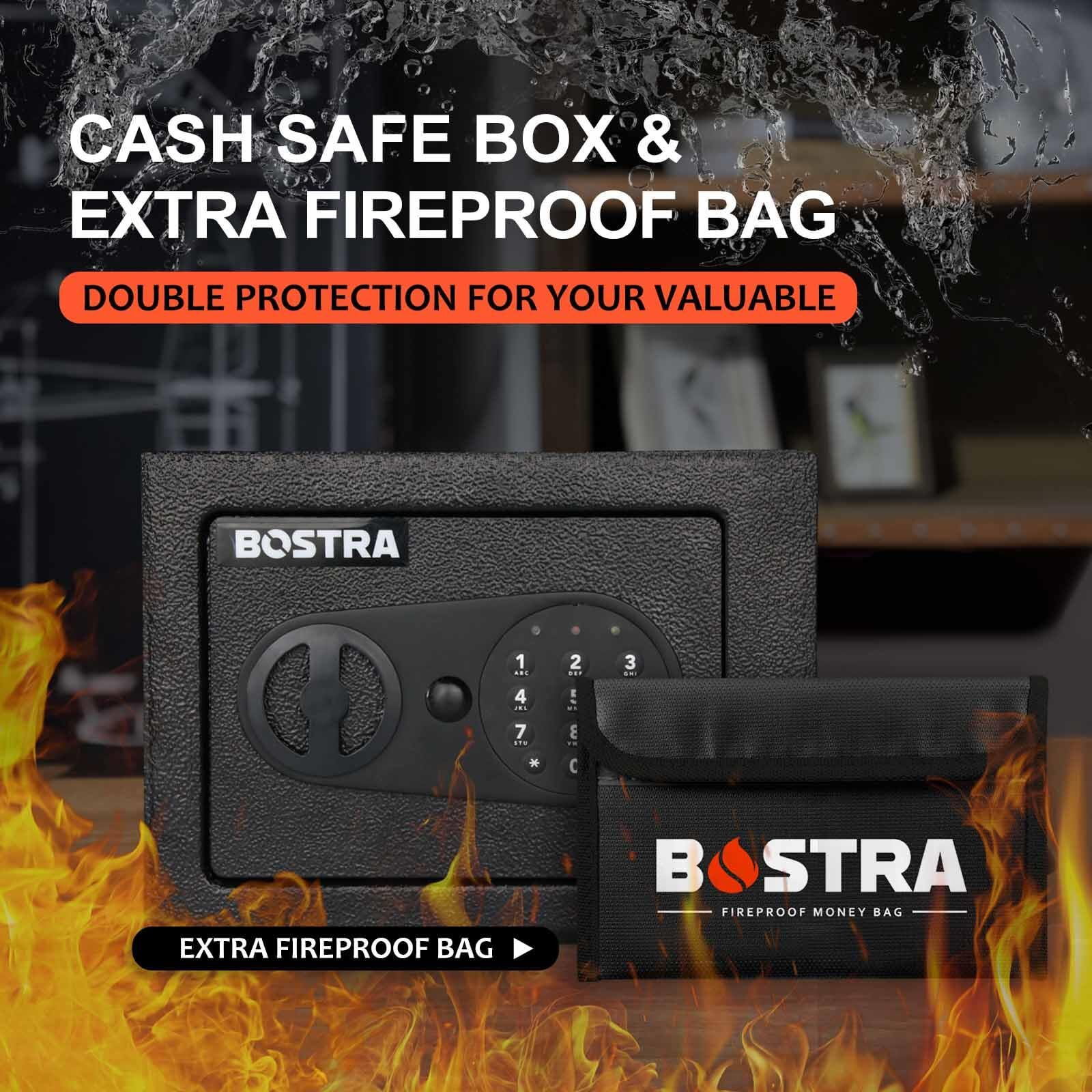 Bostra Fireproof Safe Box With Sensor Light & Fireproof Bag  Money Safe Box With Digital Keypad Security Safe Box For Home  0.23 Cubic Small Safe With Keys & Pass Code For Cash Jewelry Black
