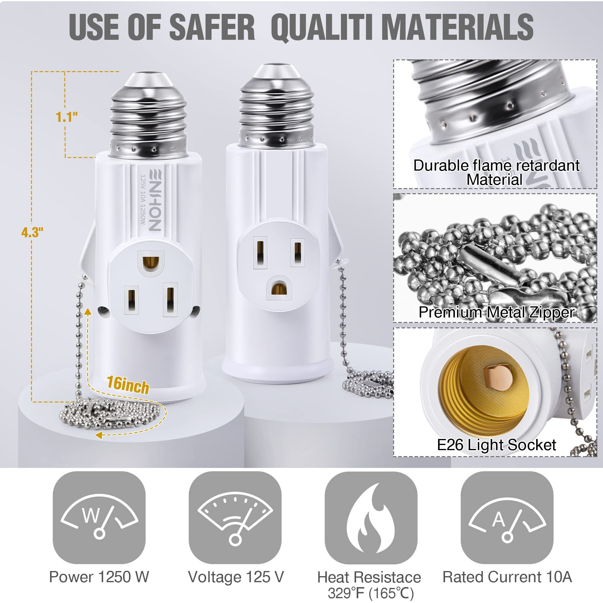 3 Prong E26 Light Socket To Plug Adapter  White Heat Resistant Light Socket 2/3 Prong Outlet Light Bulb Plug Splitter Converter For Garage Porch Cctv Camera (1 Pack)