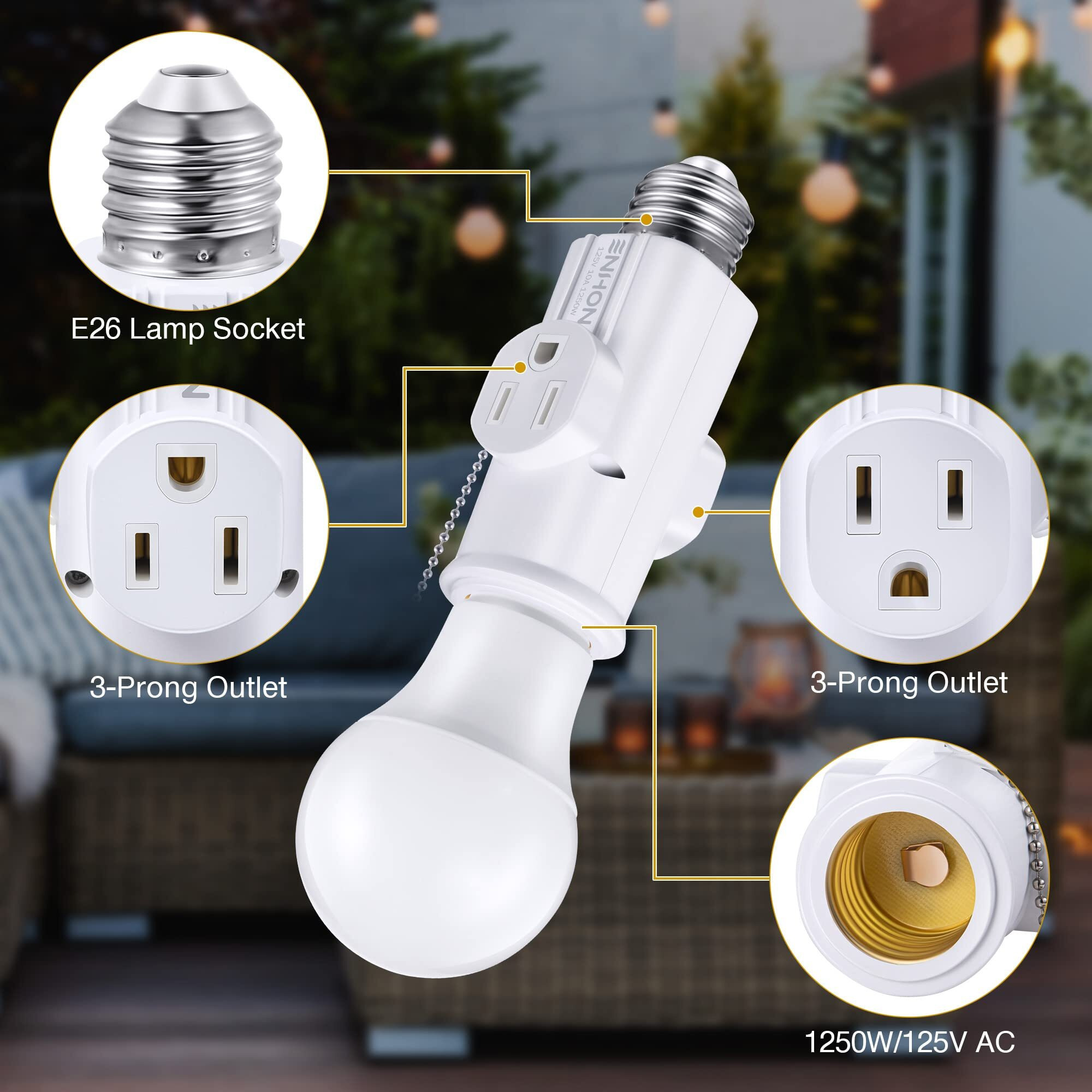 3 Prong E26 Light Socket To Plug Adapter  White Heat Resistant Light Socket 2/3 Prong Outlet Light Bulb Plug Splitter Converter For Garage Porch Cctv Camera (1 Pack)