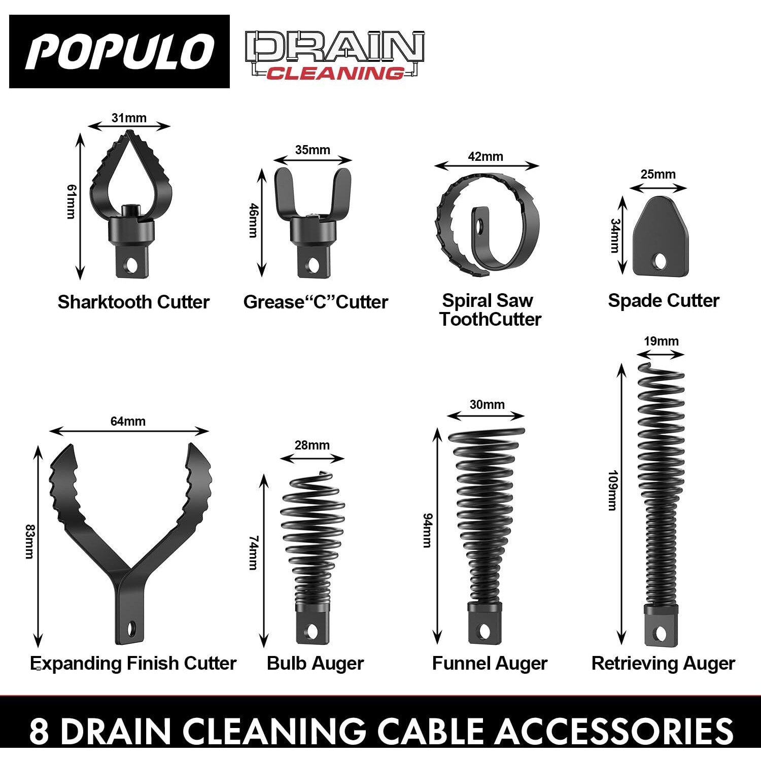 Populo 8-Piece Drain Snake Drill Attachment - Tackle Any Clog With Precision Commonly Used In Populo 50Ft-100Ft Ac Drain Cleaning Machine Suitable For 5/16-Inch To 3/4-Inch Drain Snake Cable