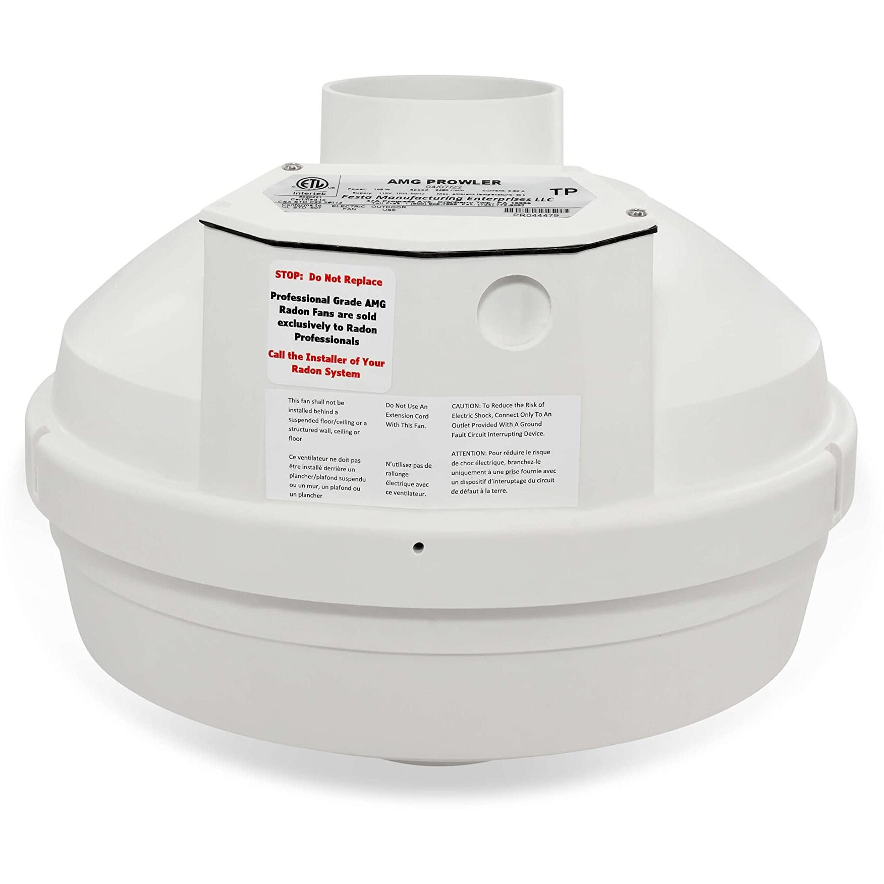 Festa Radon Amg Prowler Radon Fan - Quiet And Energy Efficient 221 Cfm Radon Mitigation System Inline Fan - 3"" Electric Inline Fan - Made With Glass Reinforced Poly-Resin - White