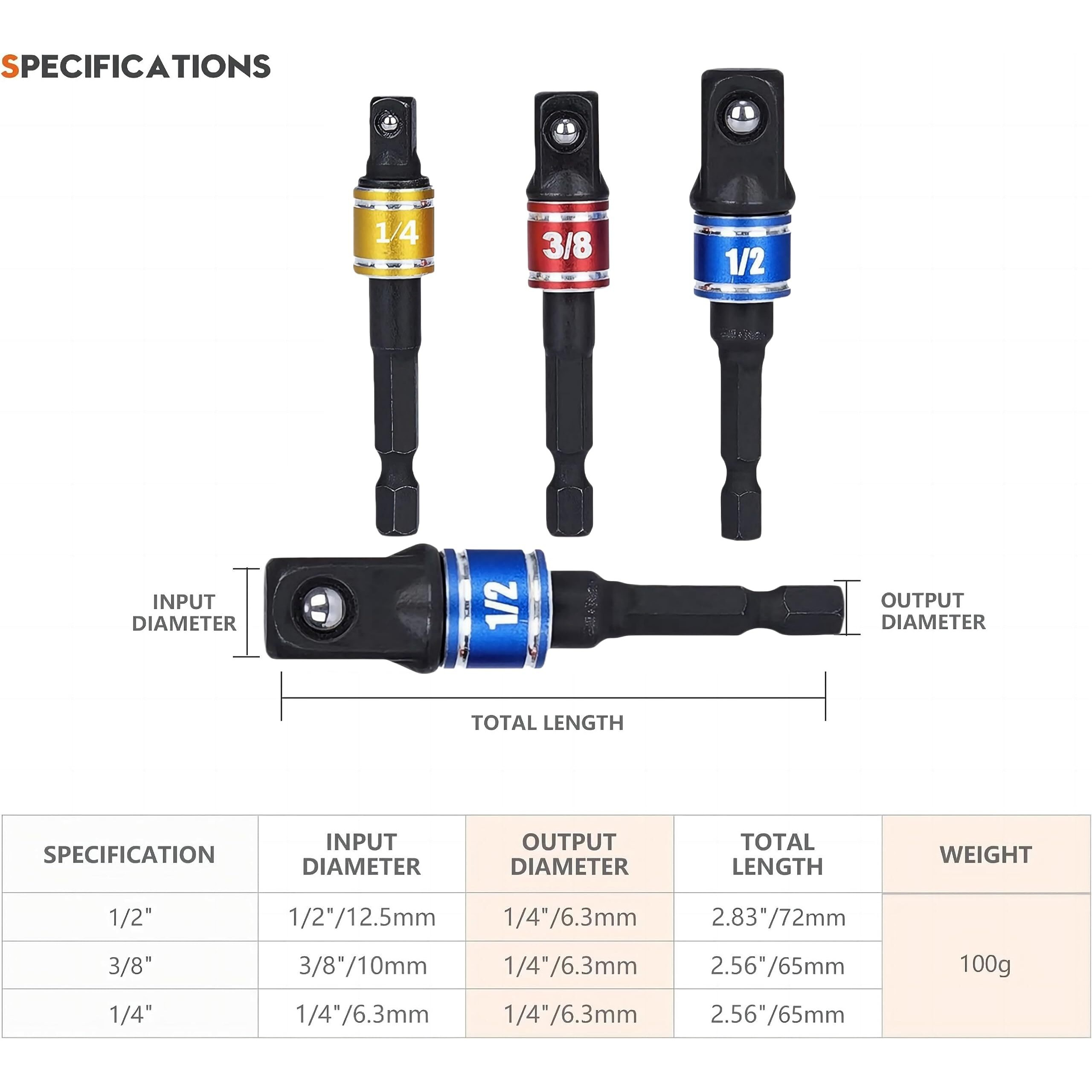 Impact Grade Driver Sockets Adapter Extension Set Drill Bit 3Pcs 1/4 3/8 1/2"" Universal Socket Adapter Set And Right Angle Drill 105 Degree Right Angle Screwdriver Set Drill Hex Bit Socket Adapter