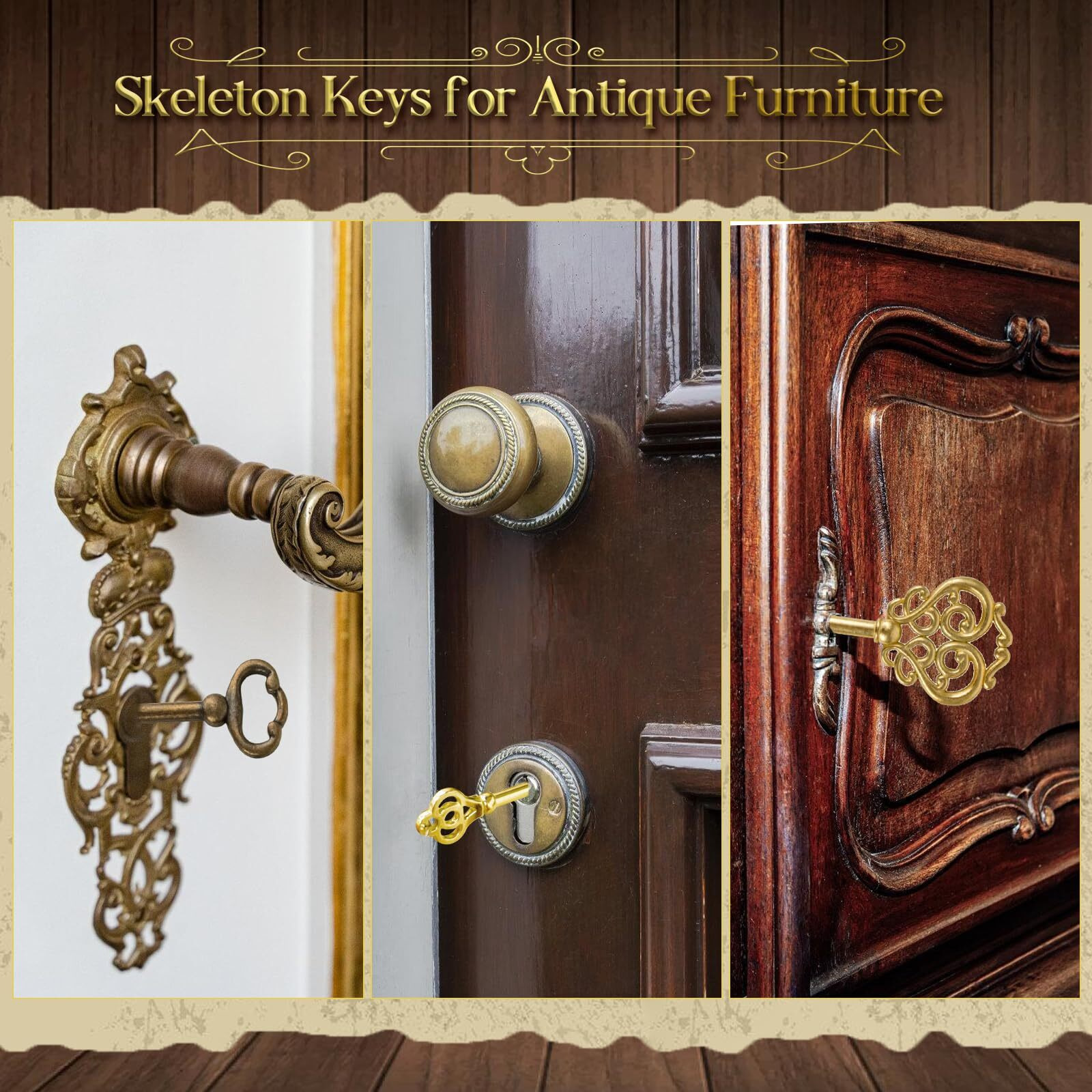 10Pcs Skeleton Key Set Reproduction For Antique Furniture  Universal Barrel Key Replacement  Antique Brass Skeleton Keys For Dresser Drawers  Vintage Clocks Cupboards  Desk Drawer Lock