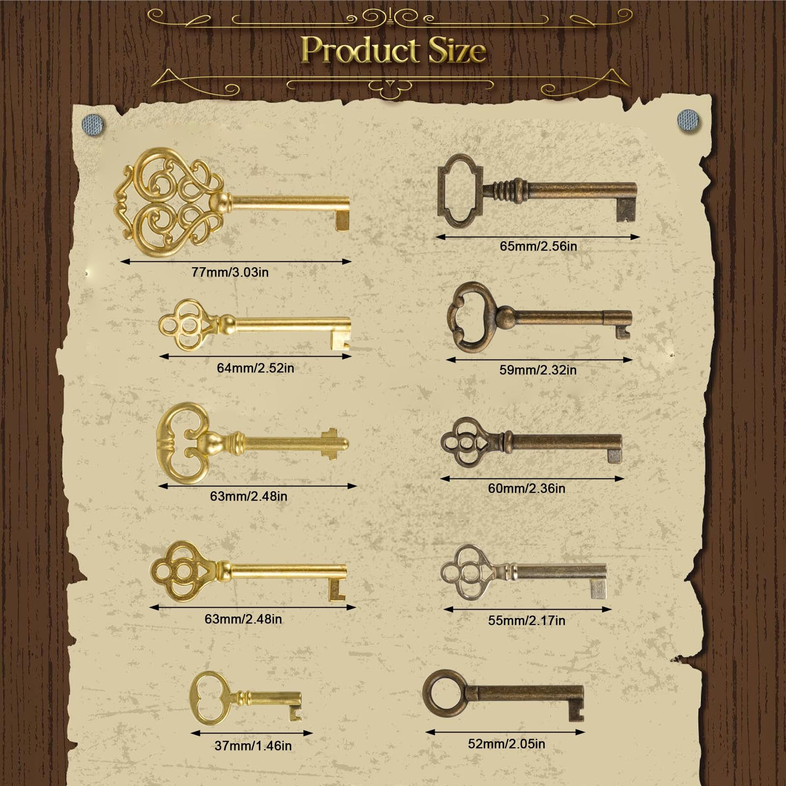 10Pcs Skeleton Key Set Reproduction For Antique Furniture  Universal Barrel Key Replacement  Antique Brass Skeleton Keys For Dresser Drawers  Vintage Clocks Cupboards  Desk Drawer Lock