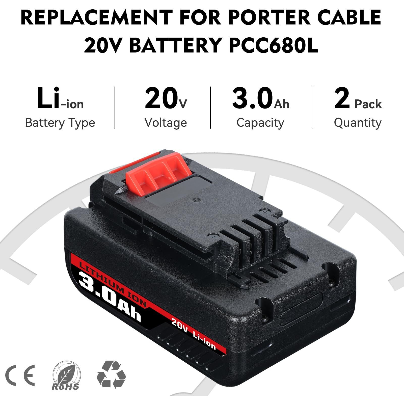 Replacement For Porter Cable 20V Battery And Charger Combo 2-Pack 3.0Ah Pcc680L Batteries+Pcc692L Charger Compatible With Porter-Cable 20V Lithium-Ion Tools Battery Pcc685L Pcc680L Pcc681L Pcc682L Pcc