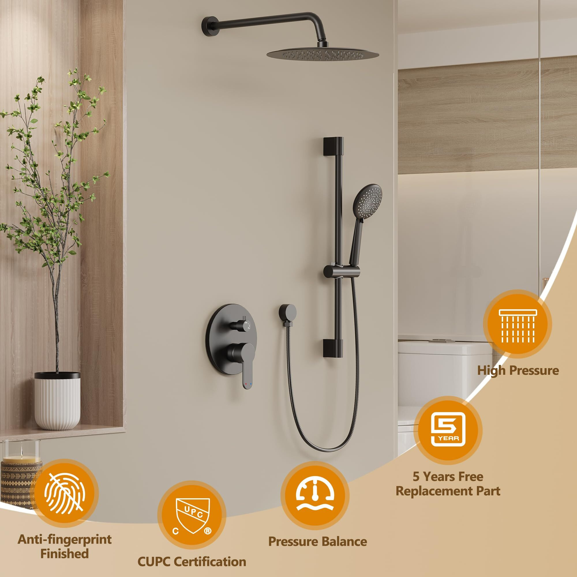 Gabrylly Shower System Black  Wall Mounted Slide Bar Shower Faucet Set Complete High Pressure 10"" Rain Shower Head With 5-Setting Handheld Shower Shower Combo Set With Shower Valve