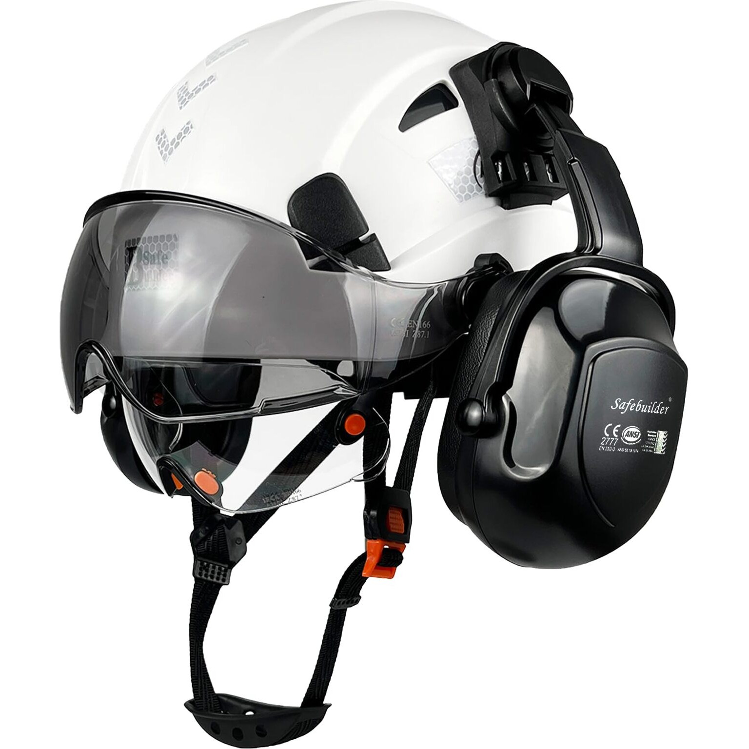 Safebuilder Construction Safety Helmet With Visors Clear & Tinted Earmuffs Hearing Protection Industrial Work Hard Hat For Engineer (White Helmet With Clear & Tinted Visor & Earmuffs)