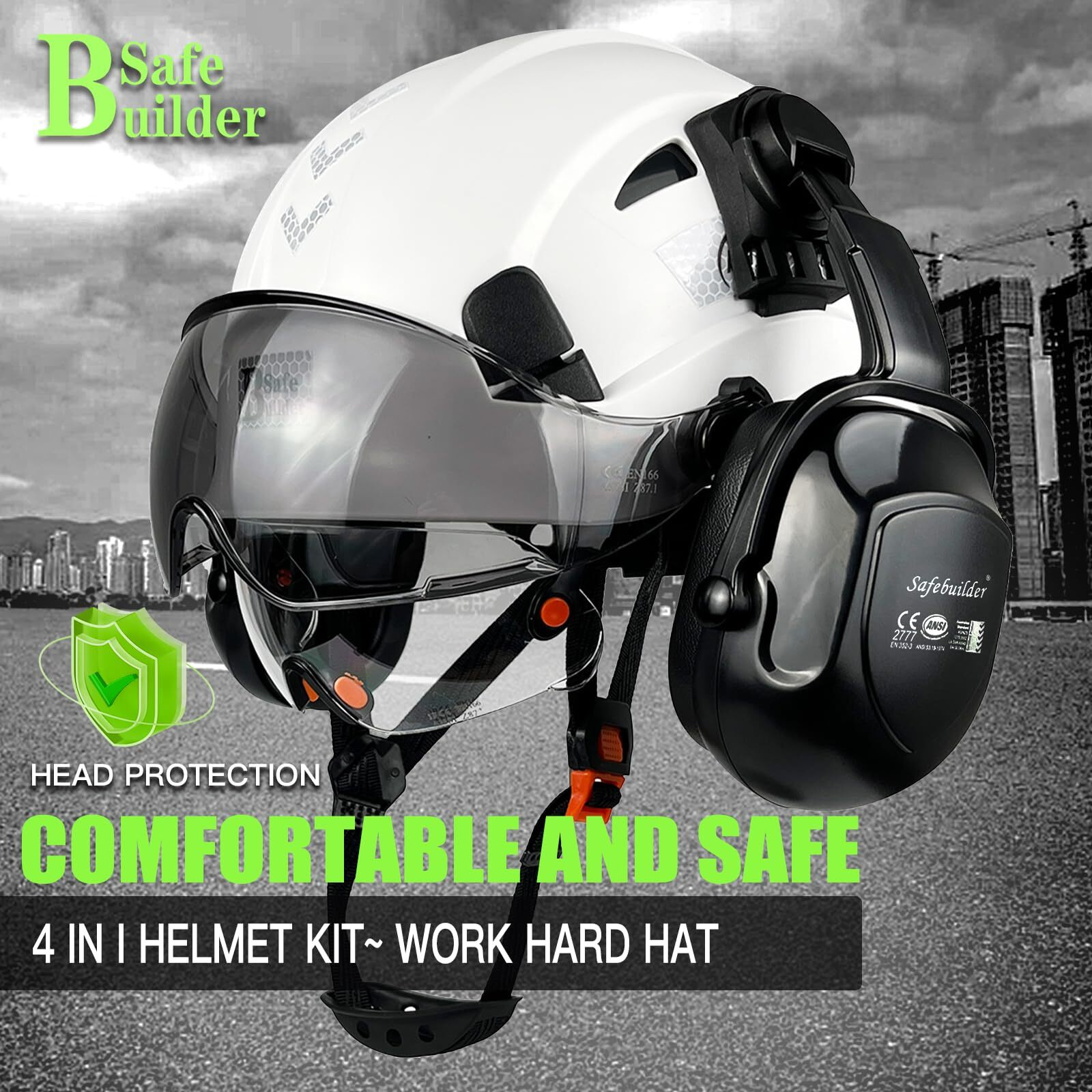 Safebuilder Construction Safety Helmet With Visors Clear & Tinted Earmuffs Hearing Protection Industrial Work Hard Hat For Engineer (White Helmet With Clear & Tinted Visor & Earmuffs)