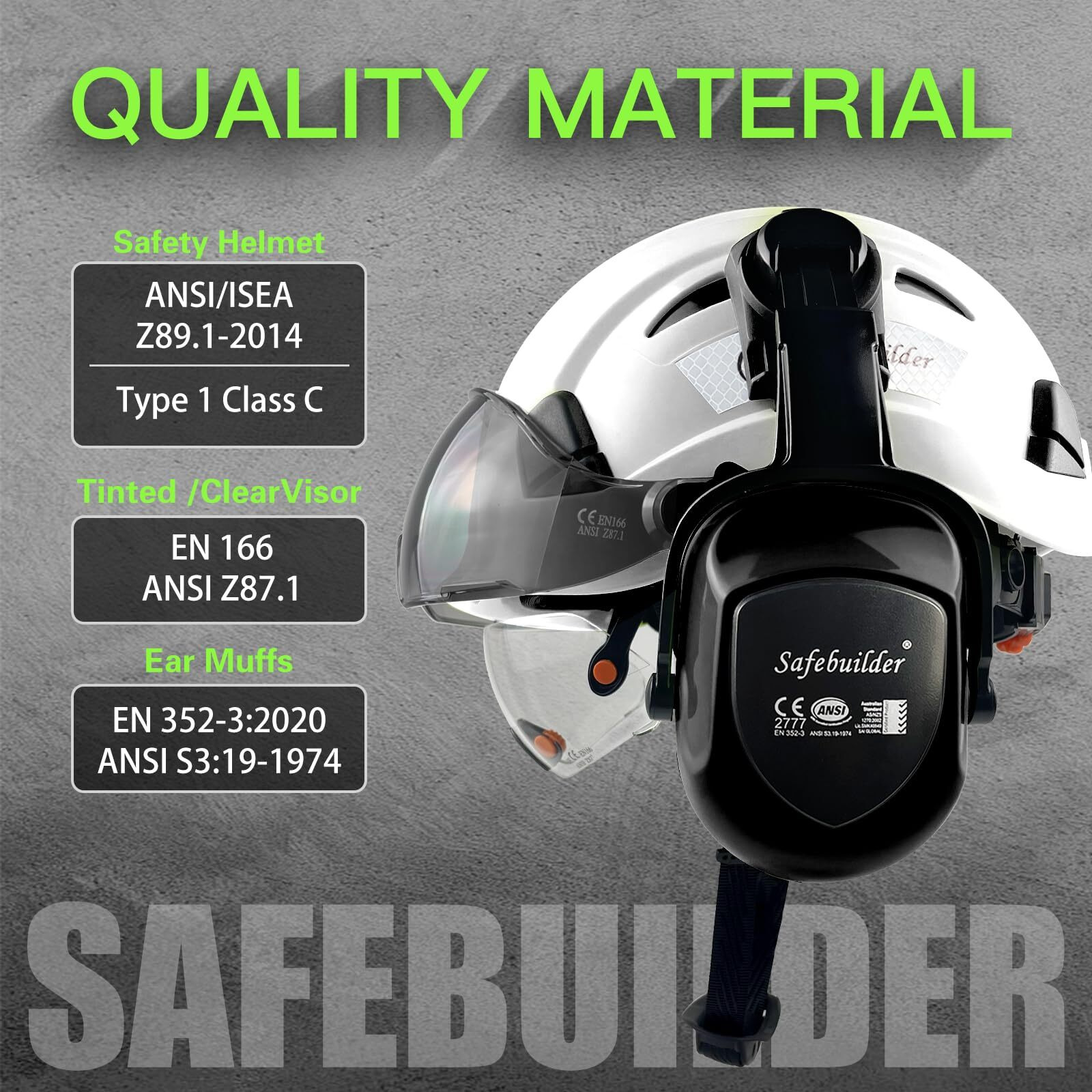 Safebuilder Construction Safety Helmet With Visors Clear & Tinted Earmuffs Hearing Protection Industrial Work Hard Hat For Engineer (White Helmet With Clear & Tinted Visor & Earmuffs)