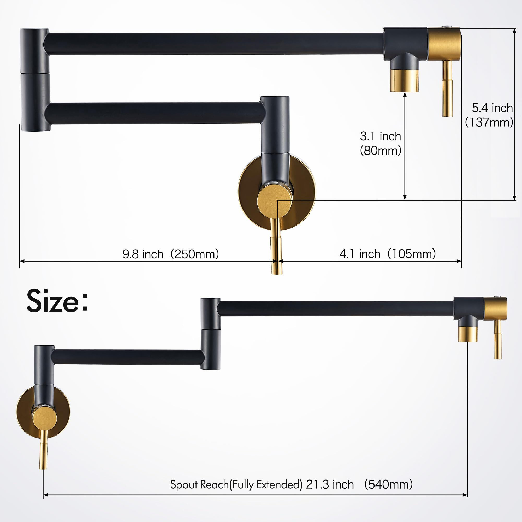 Fransiton Black & Gold Pot Filler  Pot Filler Faucet Wall Mount  Brass Folding Stretchable With Double Joint Swing Arm Single Hole Two Handles Kitchen Restaurant