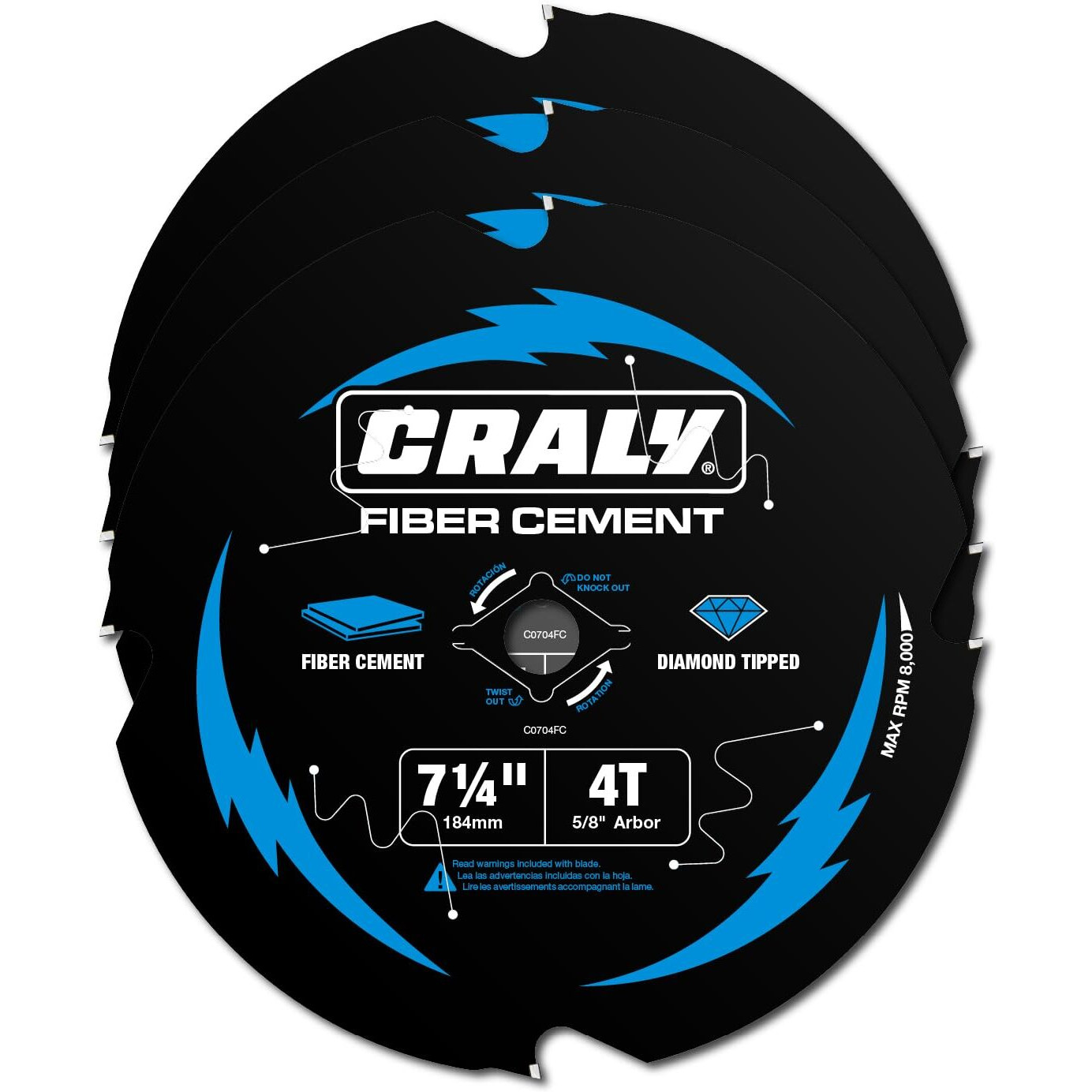 Craly 7-1/4 Inch 4 Teeth Hardie Fiber Cement Circular Saw Blade  5/8 Inch Arbor  Polycrystalline Diamond Tipped (Pcd)  Thin Kerf  Black Ice Coating  For Laminate Flooring  3-Pack(C0704Fc-3)