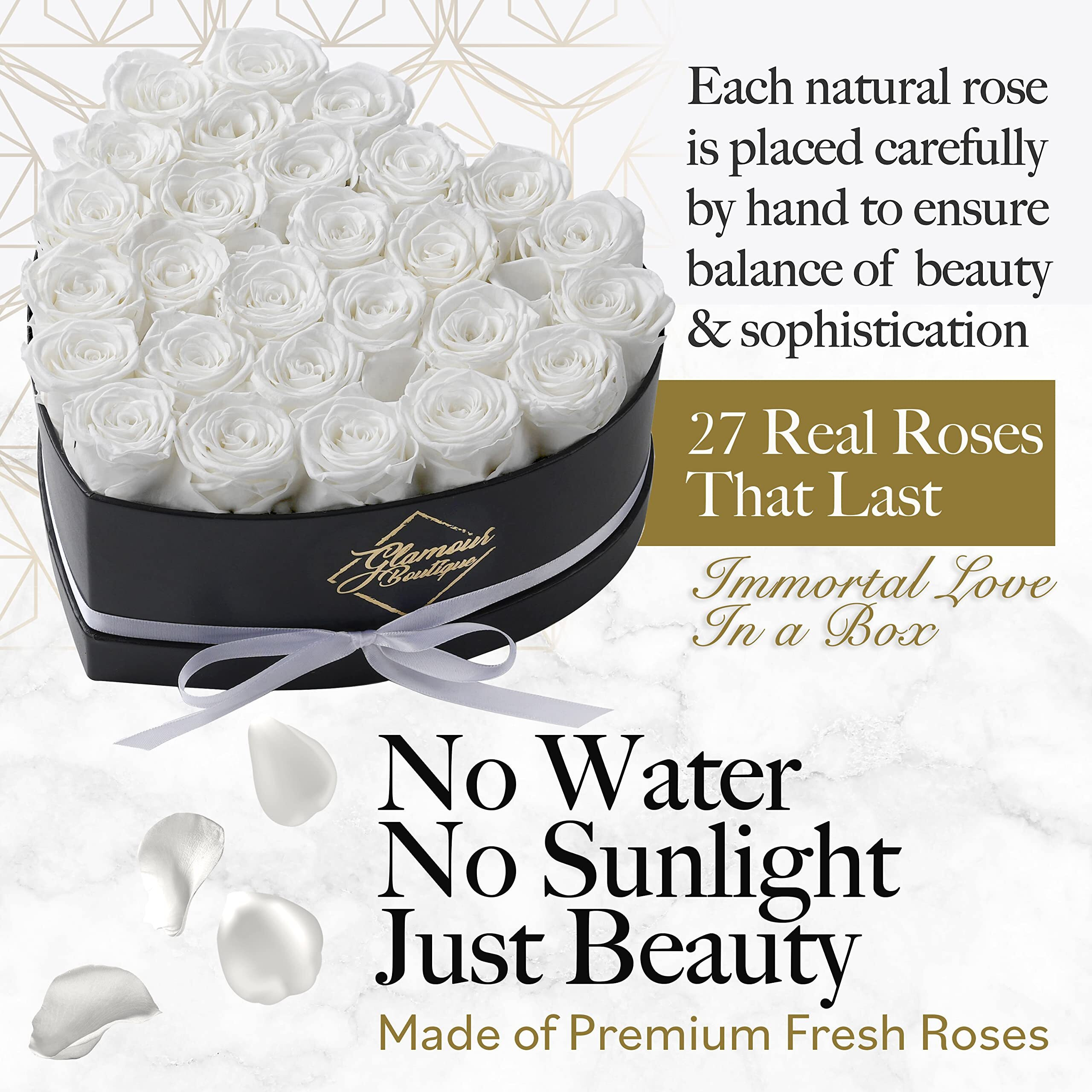 Glamour Boutique 27-Piece Forever Flowers Heart Shape Box - Preserved Roses  Immortal Roses That Last A Year - Eternal Rose Preserved Flowers For Delivery Prime Mothers Day & Valentines Day - White