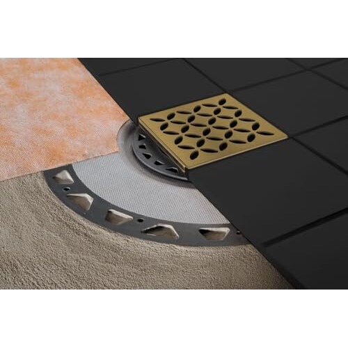 Schluter Kerdi-Drain Contour Shower Grate Kit With Integrated Slope Bonding Flange - Ideal For Tile Showers - 4"" Grate Size  Square  Brushed Brass Anodized Finish - Kd4Grkamgb