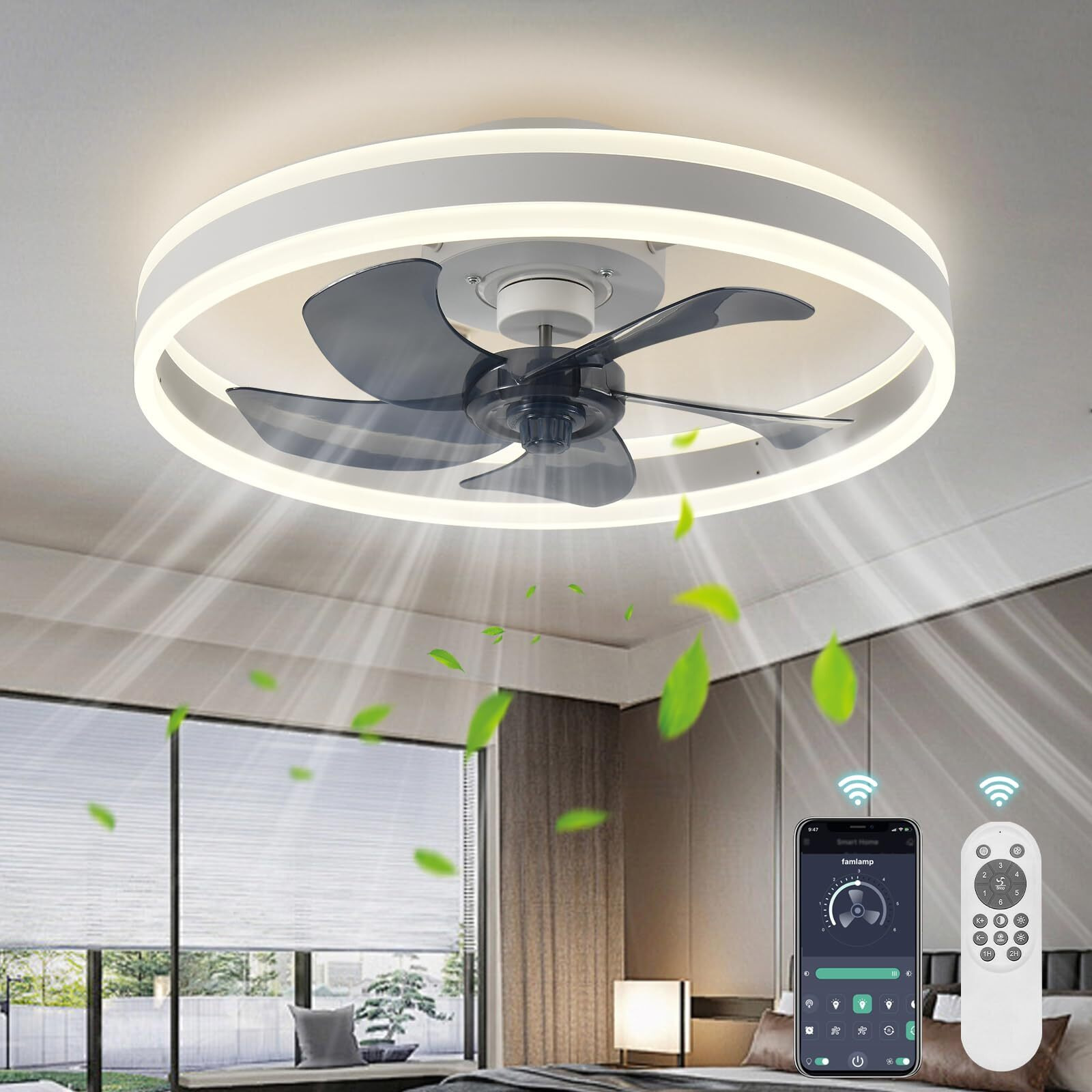 Ahawill Low Profile Ceiling Fans With Lights And Remote 19.7In Flush Mount Led Dimmable Ceiling Fan Pure White Fandelier Ceiling Fan For Bedroom.