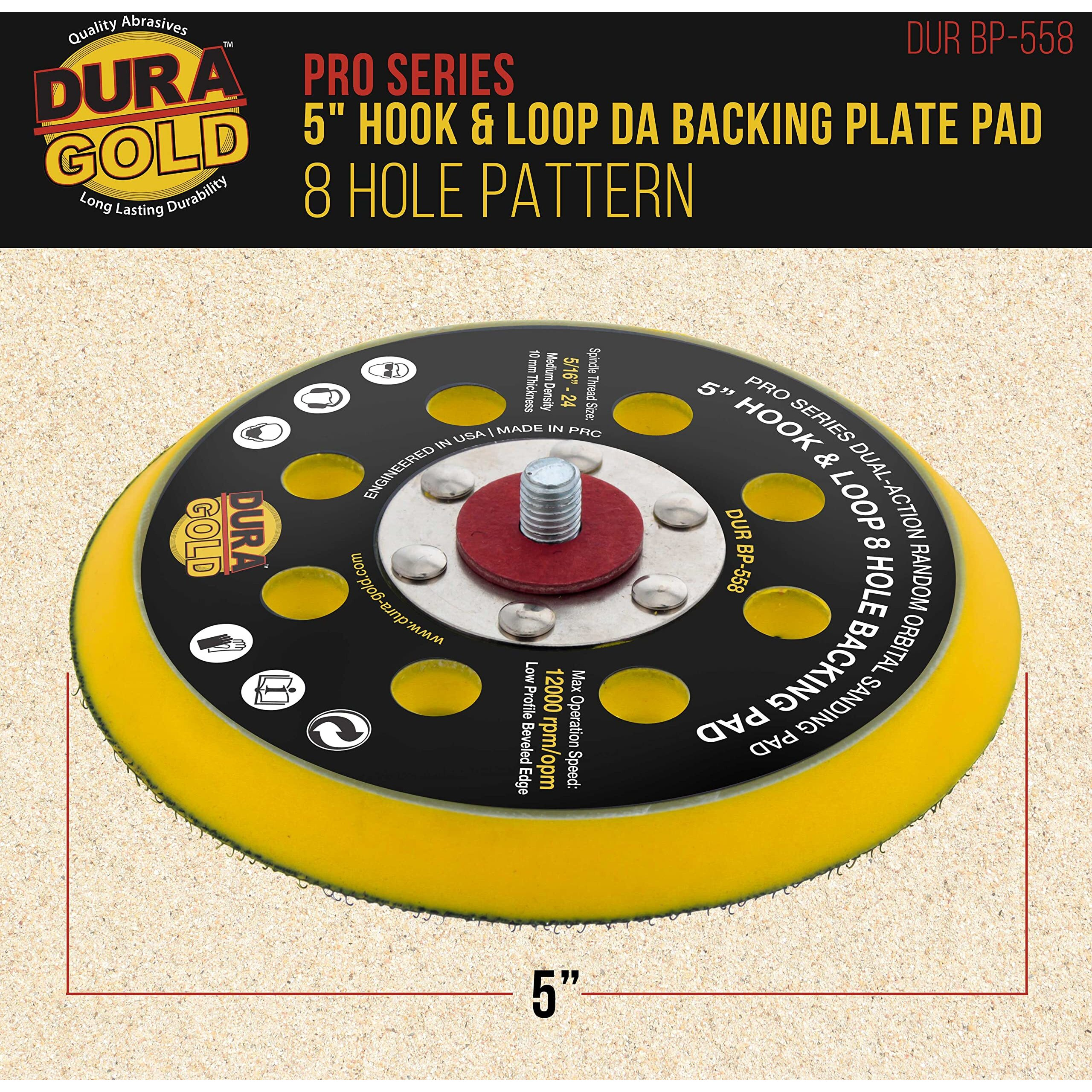 Dura-Gold Pro Series 5"" Hook & Loop Da Backing Plate Pad  8 Hole Pattern Dustless - Low Profile Edge  Medium Density  Dual-Action Random Orbital Sanding Pad  Sander Polisher Auto Woodworking Sandpaper