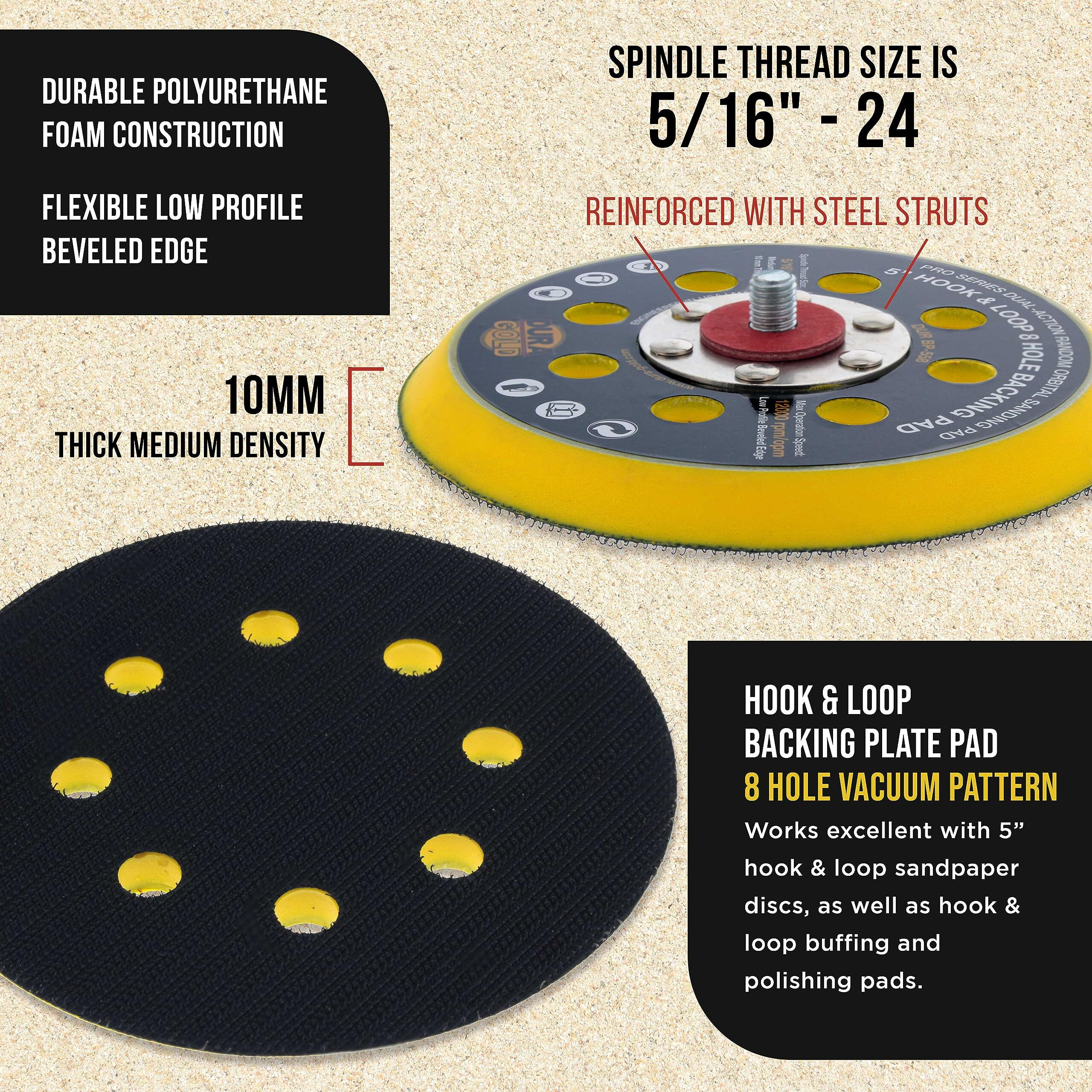 Dura-Gold Pro Series 5"" Hook & Loop Da Backing Plate Pad  8 Hole Pattern Dustless - Low Profile Edge  Medium Density  Dual-Action Random Orbital Sanding Pad  Sander Polisher Auto Woodworking Sandpaper