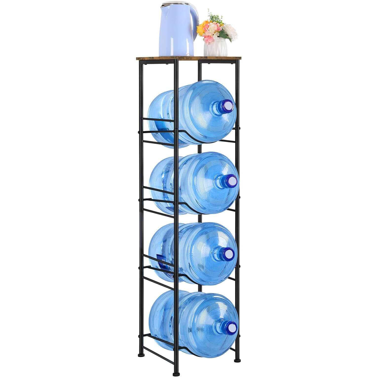 Eteli 5 Gallon Water Bottle Holder Organizer 4 Tier Water Cooler Jug Rack With Storage Shelves Water Bottle Dispenser Stand For Kitchen Living Room Office  Black And Brown