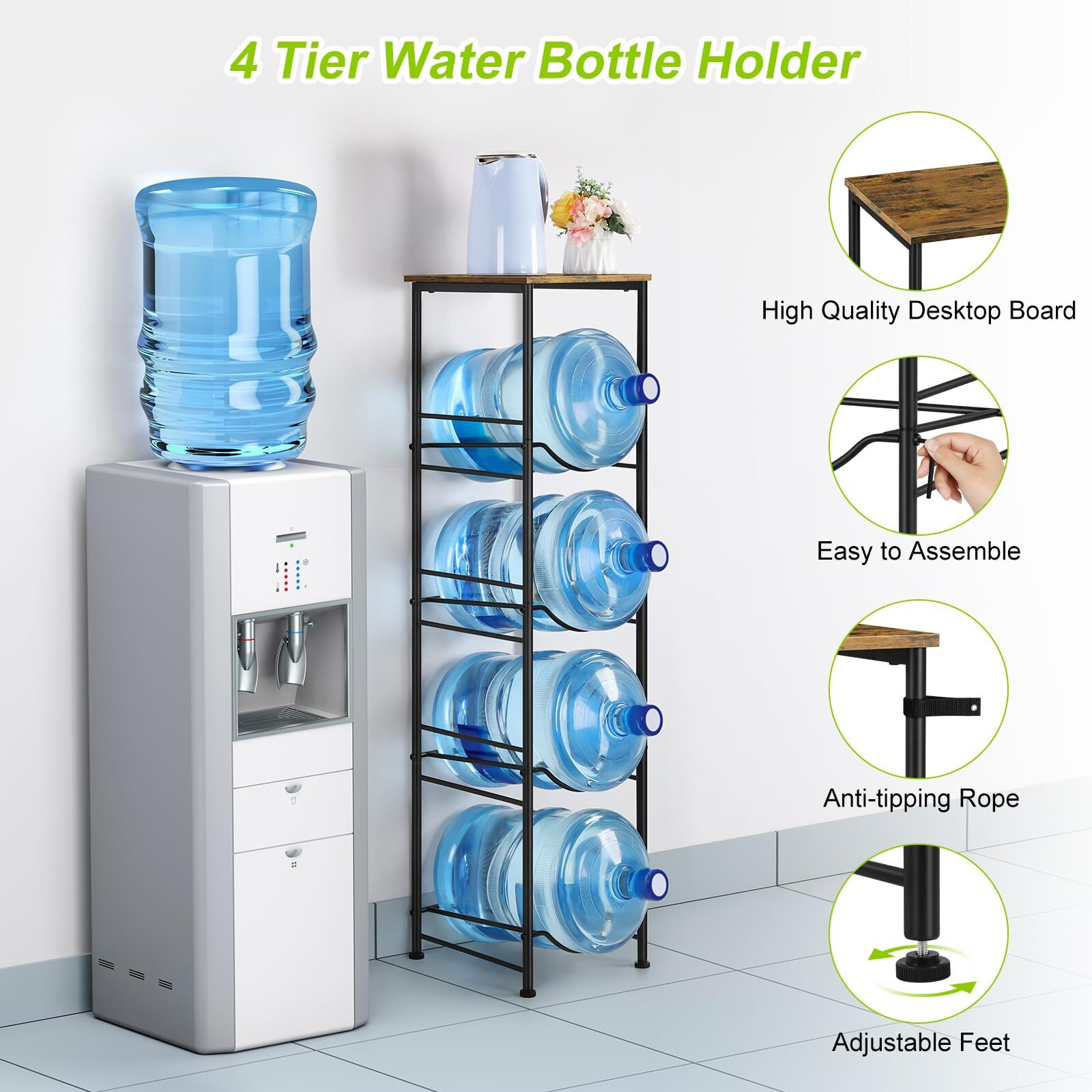 Eteli 5 Gallon Water Bottle Holder Organizer 4 Tier Water Cooler Jug Rack With Storage Shelves Water Bottle Dispenser Stand For Kitchen Living Room Office  Black And Brown