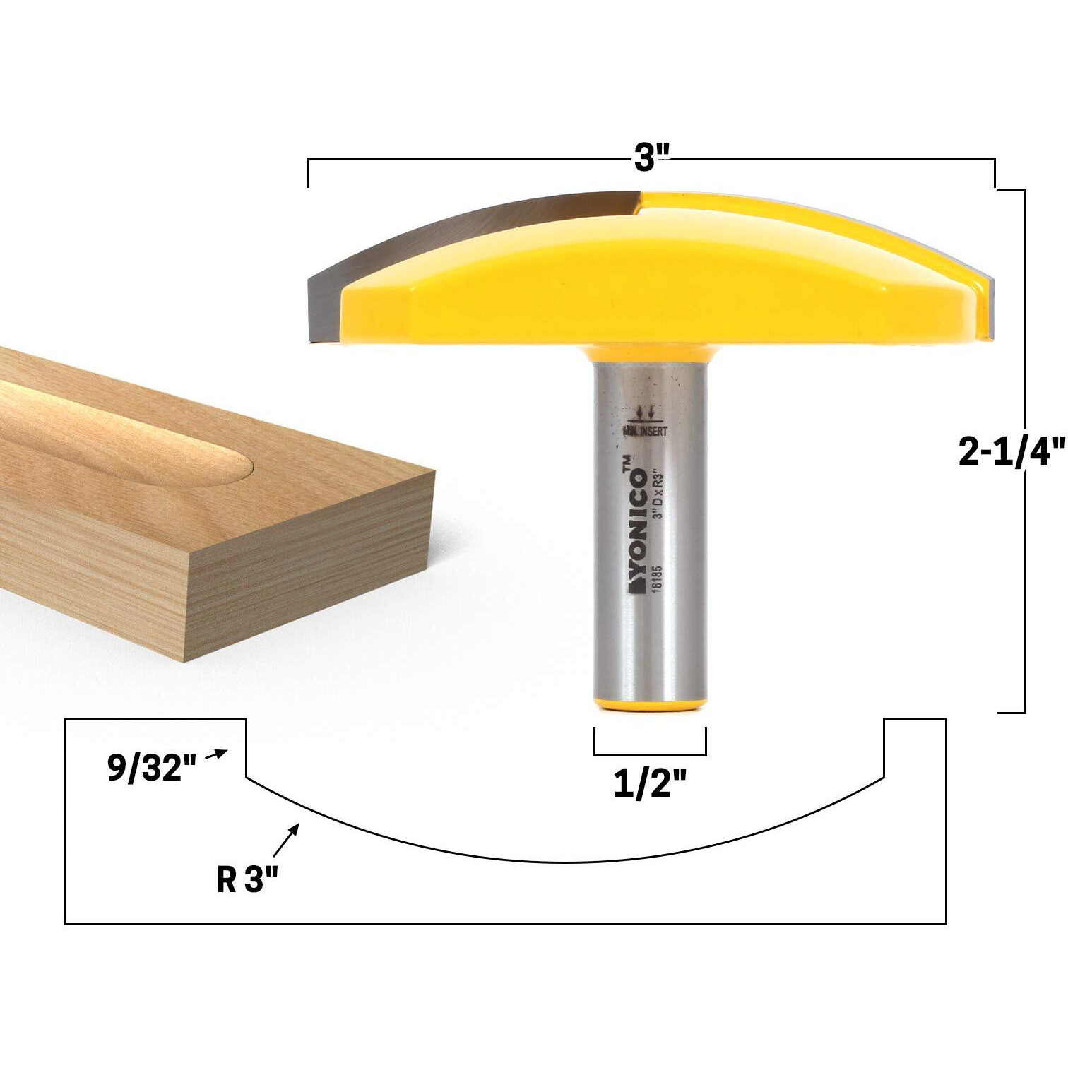 Yonico Router Bits Horizontal Crown 3-Inch Radius 1/2-Inch Shank 16185