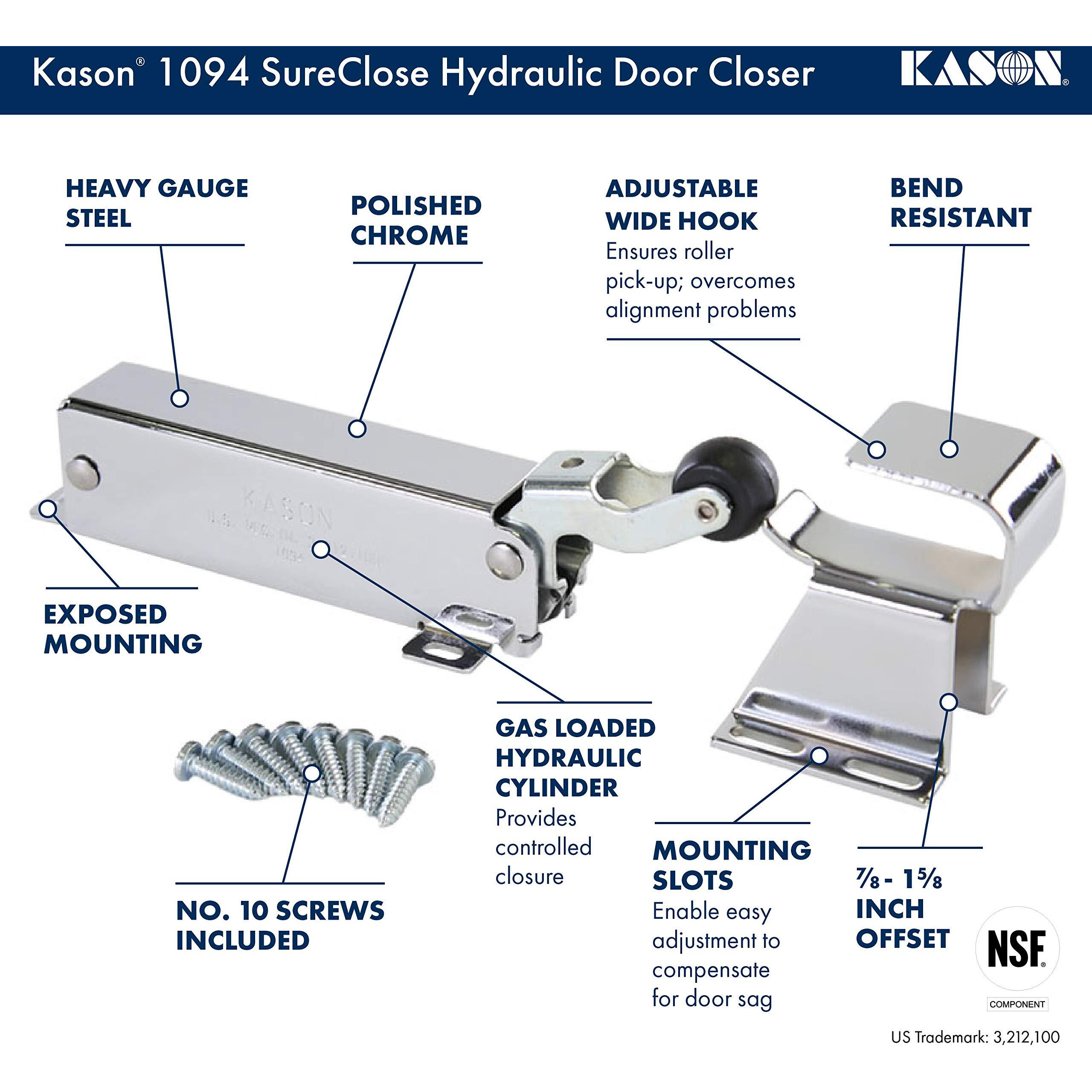 Kason 1094 Sureclose Hydraulic Door Closer And Hook  Exposed Mounting  Adjustable Wide-Hook  7/8 To 1-5/8 Inch Offset  11094000003_11094000027