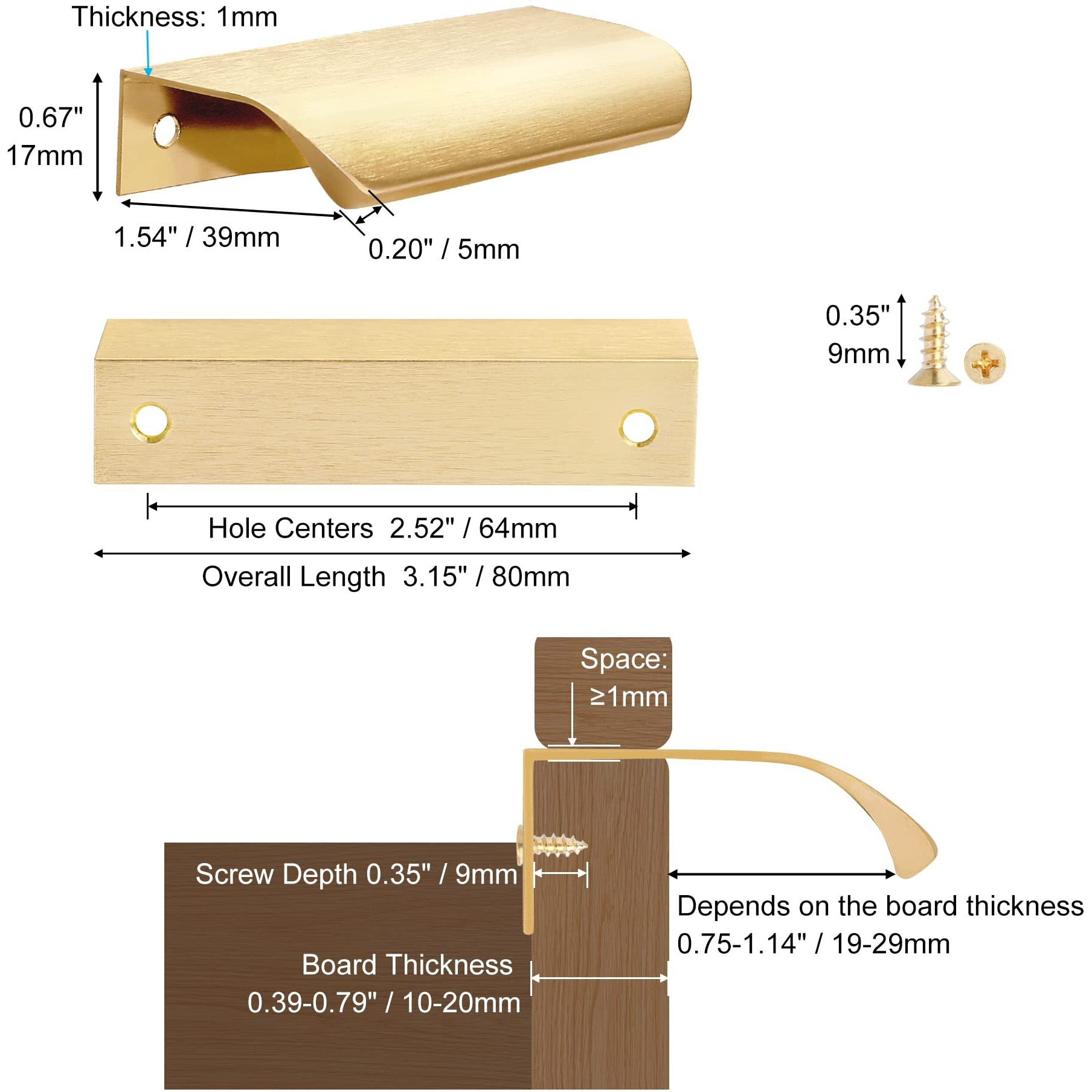 Malimali 10 Pack Gold Edge Finger Pulls For Cabinets 3.15"" Kitchen Cabinet Pulls Handles Drawer Pulls Modern Aluminum Concealed Tab Pulls For Closet Door  Brushed Brass