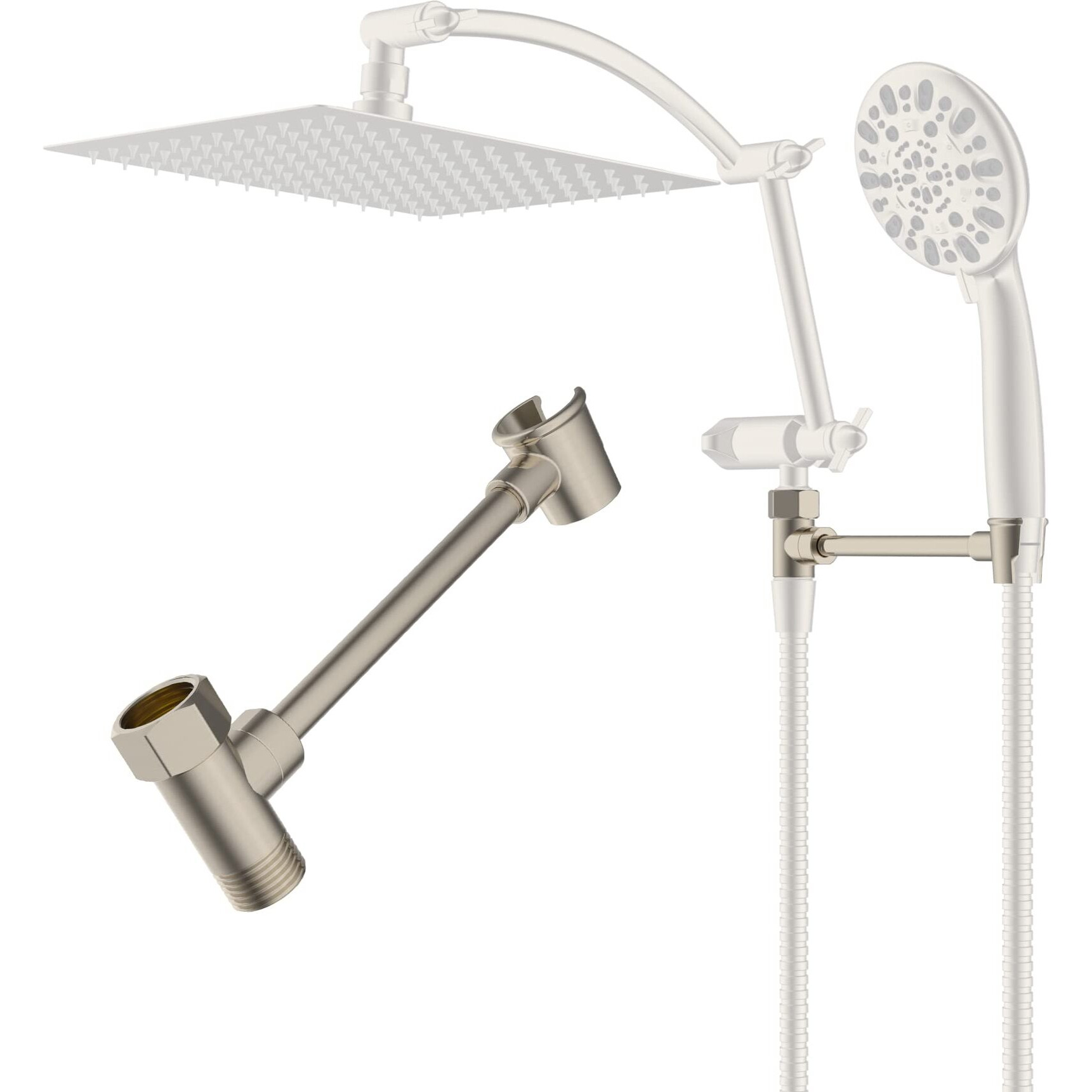 Hibbent All Metal Shower Head Holder  Solid Brass Shower Arm Holder For Handheld Showerhead  Shower Wander Holder  Adjustable Shower Head Bracket  Shower Spray Holder  Shower Arm Mount  Brushed Nickel