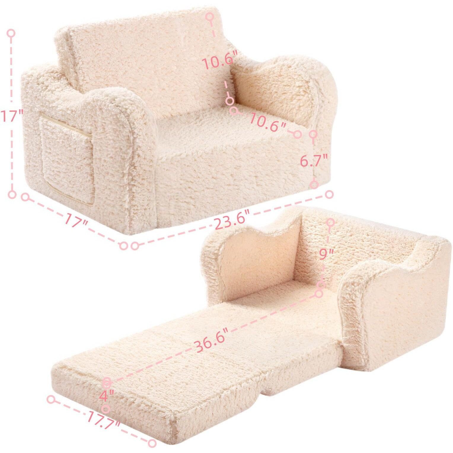 Momcaywex Kids Chairs For Toddler  2-In-1 Toddler Soft Sherpa Couch Fold Out  Convertible Sofa To Lounger For Girls And Boys  Cream