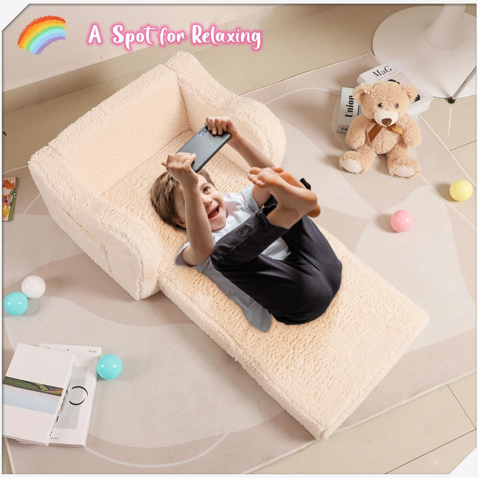 Momcaywex Kids Chairs For Toddler  2-In-1 Toddler Soft Sherpa Couch Fold Out  Convertible Sofa To Lounger For Girls And Boys  Cream