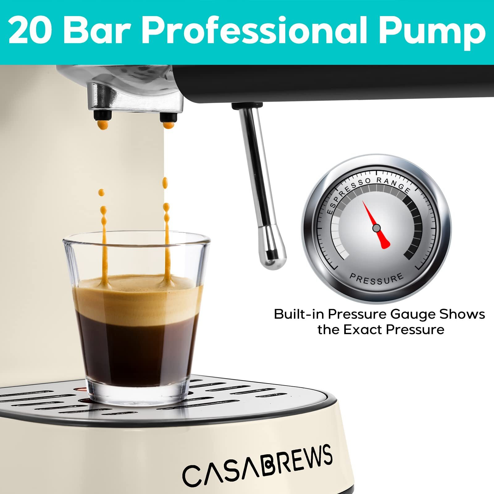 Casabrews Espresso Machine 20 Bar  Espresso Maker With Milk Frother Steam Wand  Stainless Steel Espresso Coffee Machine With 34Oz Removable Water Tank  Creamy