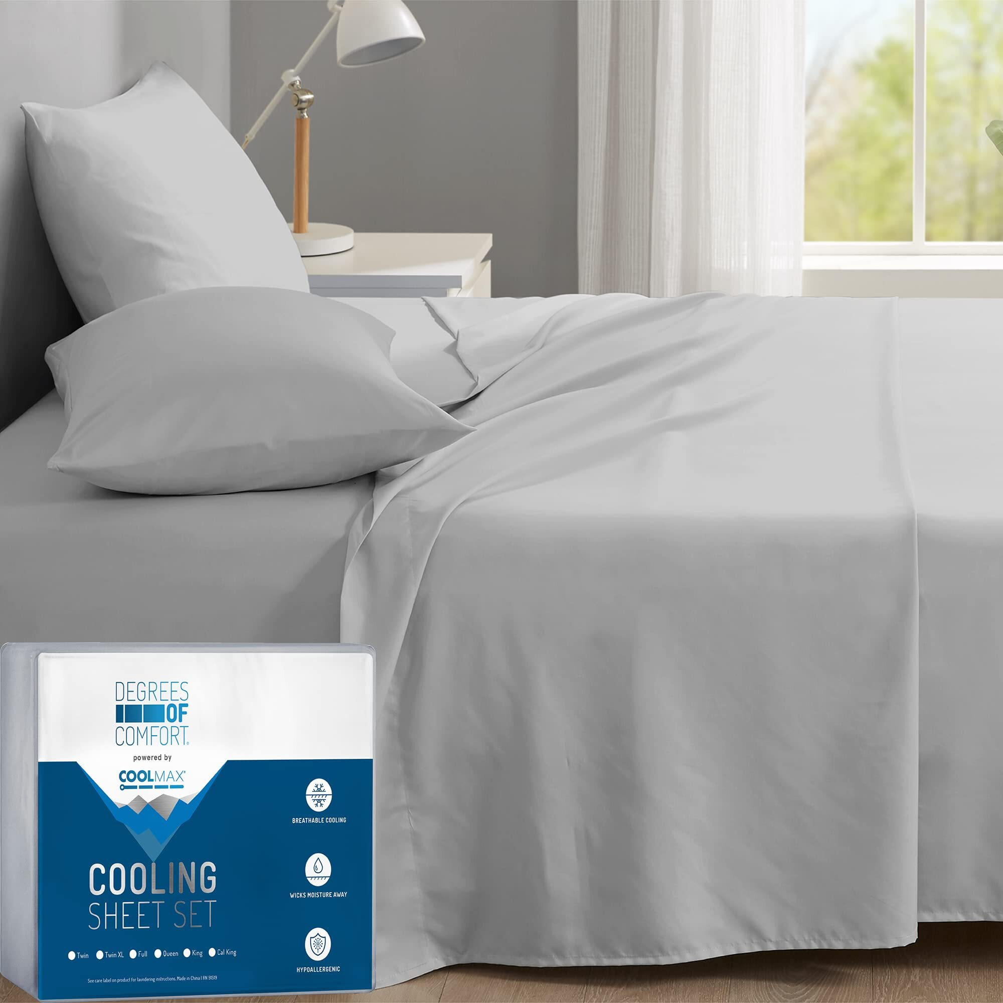 Degrees Of Comfort Coolmax Cooling Sheets | Queen Size Bed Sheet Set For Hot Sleepers | Soft Fabric With Deep Pocket  Light Grey 4Pc