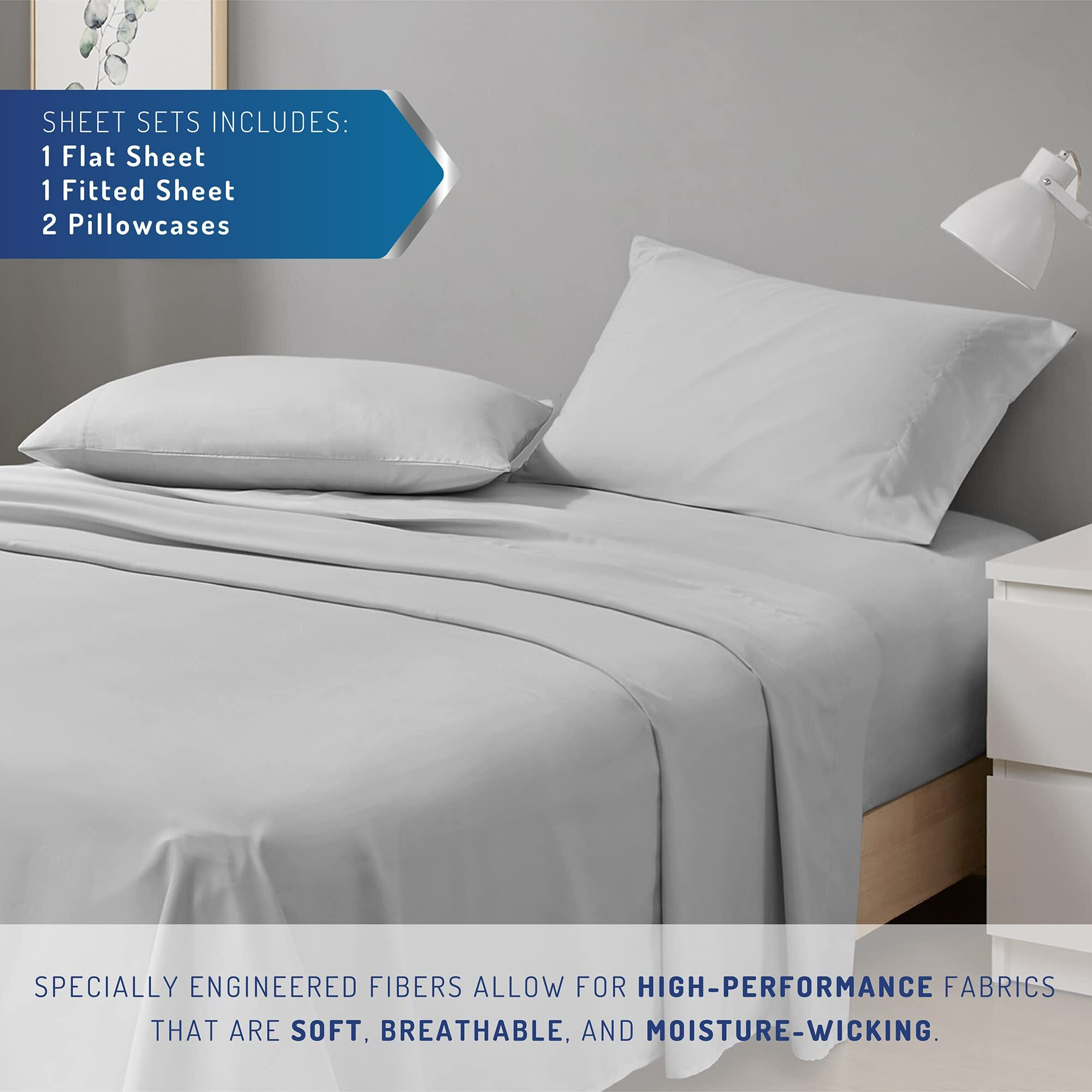 Degrees Of Comfort Coolmax Cooling Sheets | Queen Size Bed Sheet Set For Hot Sleepers | Soft Fabric With Deep Pocket  Light Grey 4Pc