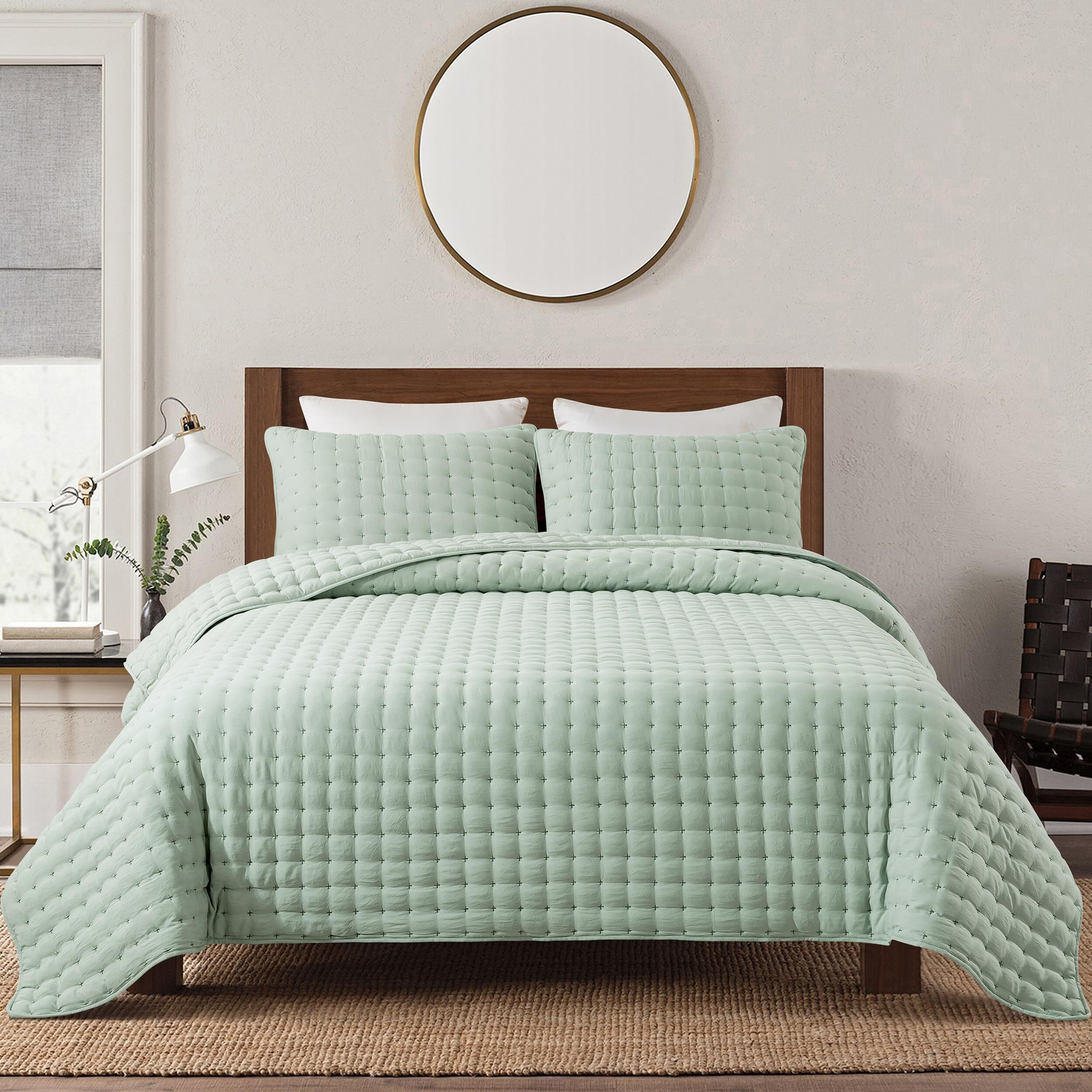 Wdcozy Sage Green King Size Quilt Bedding Sets With 2 Pillow Shams  Lightweight Soft Bedspread Coverlet  Quilted Blanket Thin Comforter Bed Cover For All Season  3 Pieces  104X90 Inches