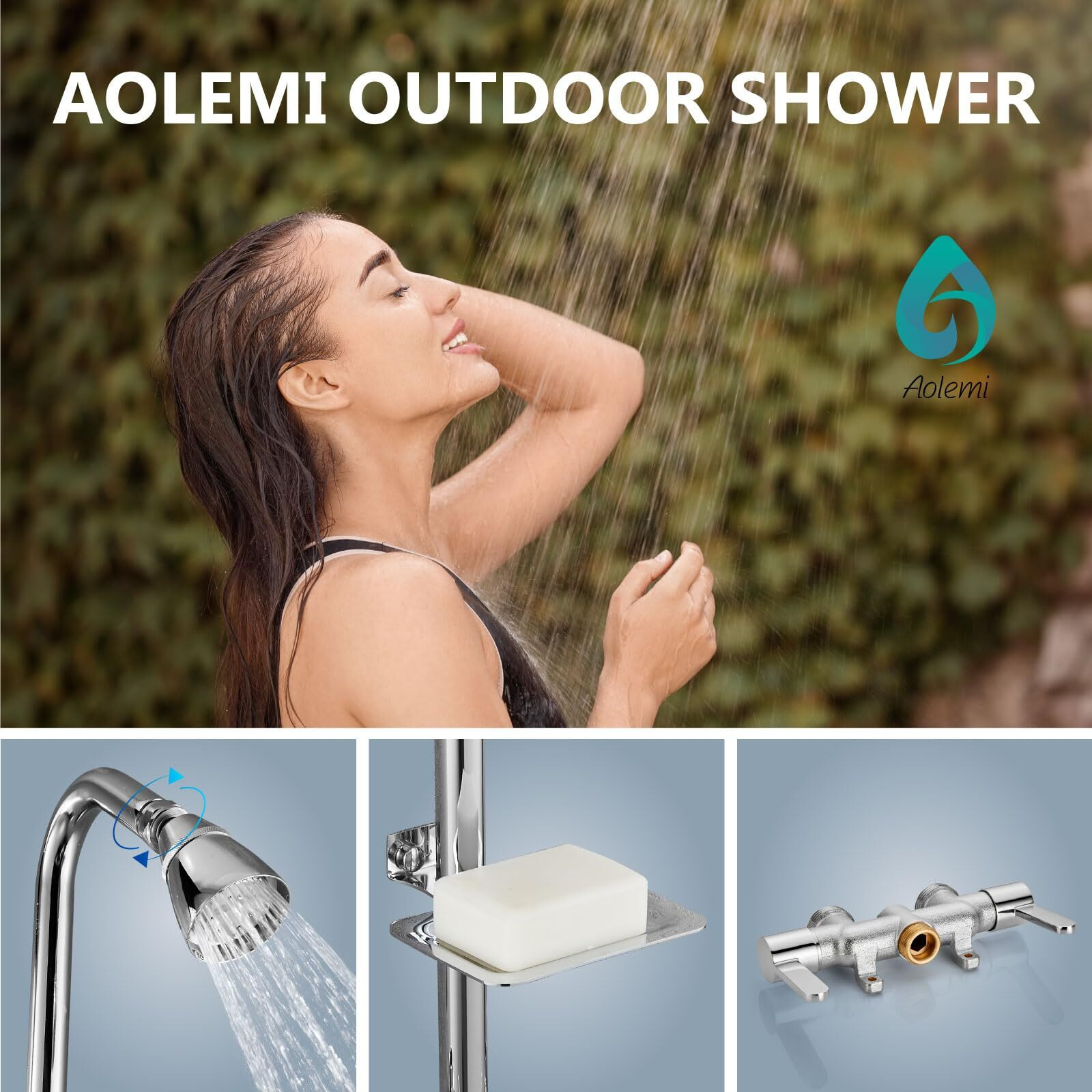 Aolemi Outdoor Shower Fixtures Outdoor Shower Kit Faucet System 3 Inch Center With Showerhead 2 Handle Exposed Shower With Brass Mix Valve Pipe Downward With Soap Dish Polish Chrome