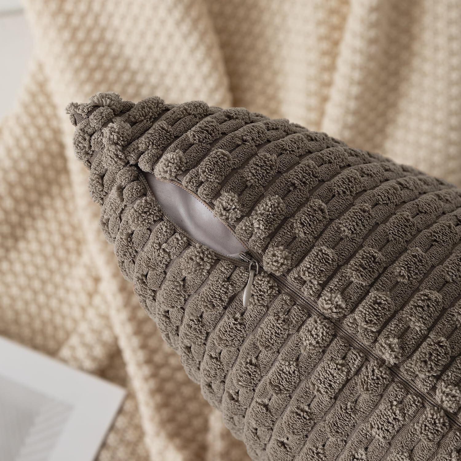 Kevin Textile Pack Of 2 Corduroy Decorative Throw Pillow Covers 18X18 Inch Soft Boho Striped Pillow Covers Modern Farmhouse Home Decor For Spring Sofa Living Room Couch Bed Light Brown