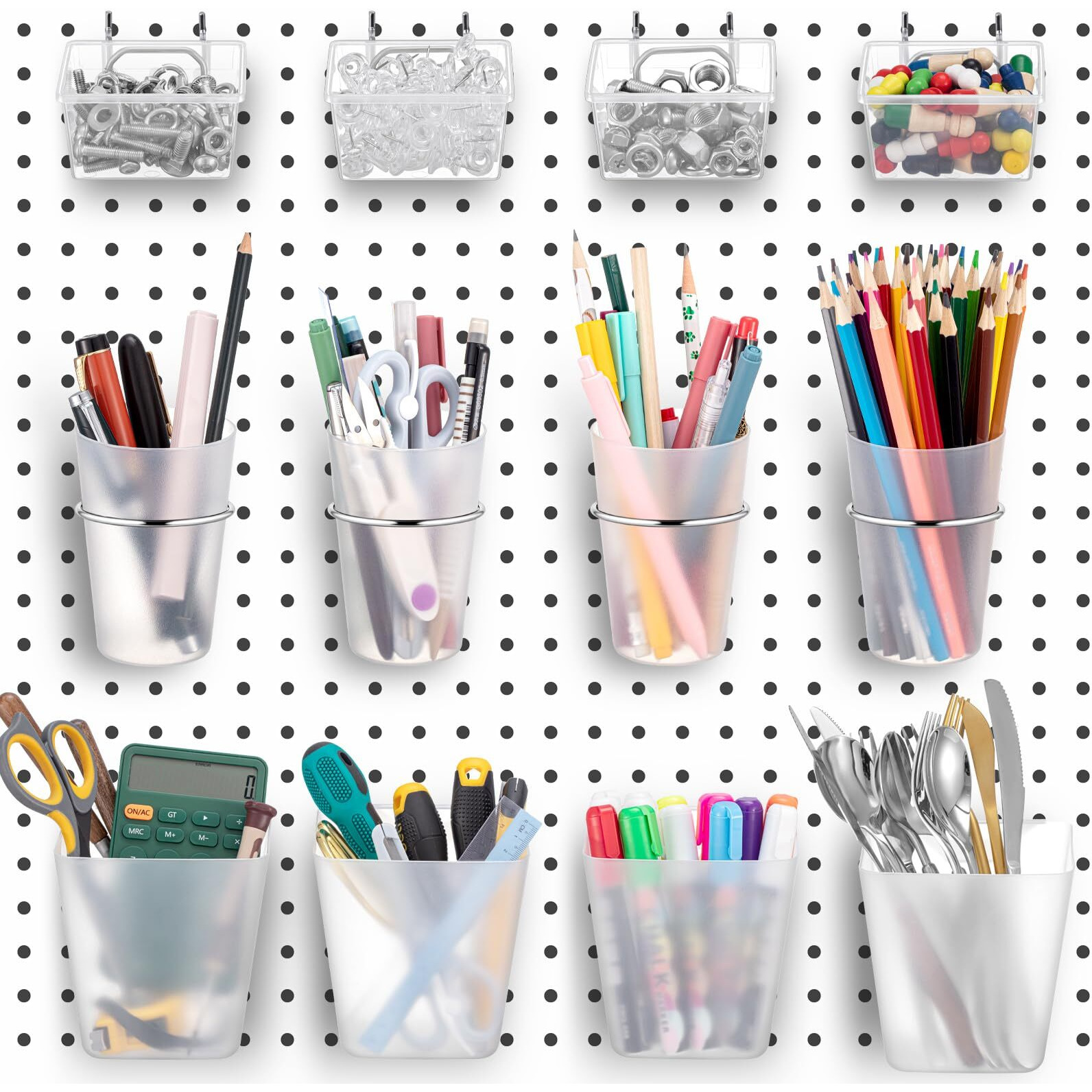 Jinei 12 Pcs Pegboard Bins Pegboard Cups With Hooks And Loops Peg Assortment Organizer Accessories Various Tool Organizer Pegboard Baskets Set For Garage Workshop Workbench Office(Translucent)