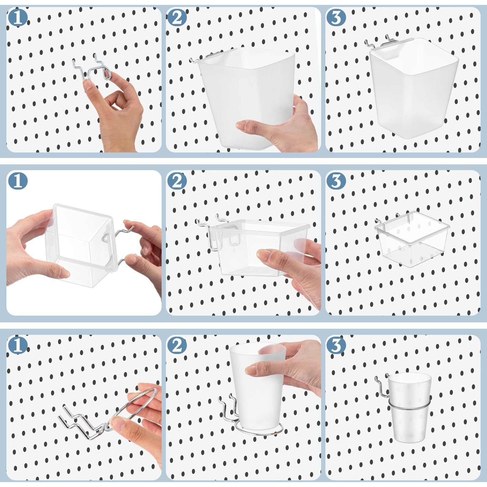 Jinei 12 Pcs Pegboard Bins Pegboard Cups With Hooks And Loops Peg Assortment Organizer Accessories Various Tool Organizer Pegboard Baskets Set For Garage Workshop Workbench Office(Translucent)
