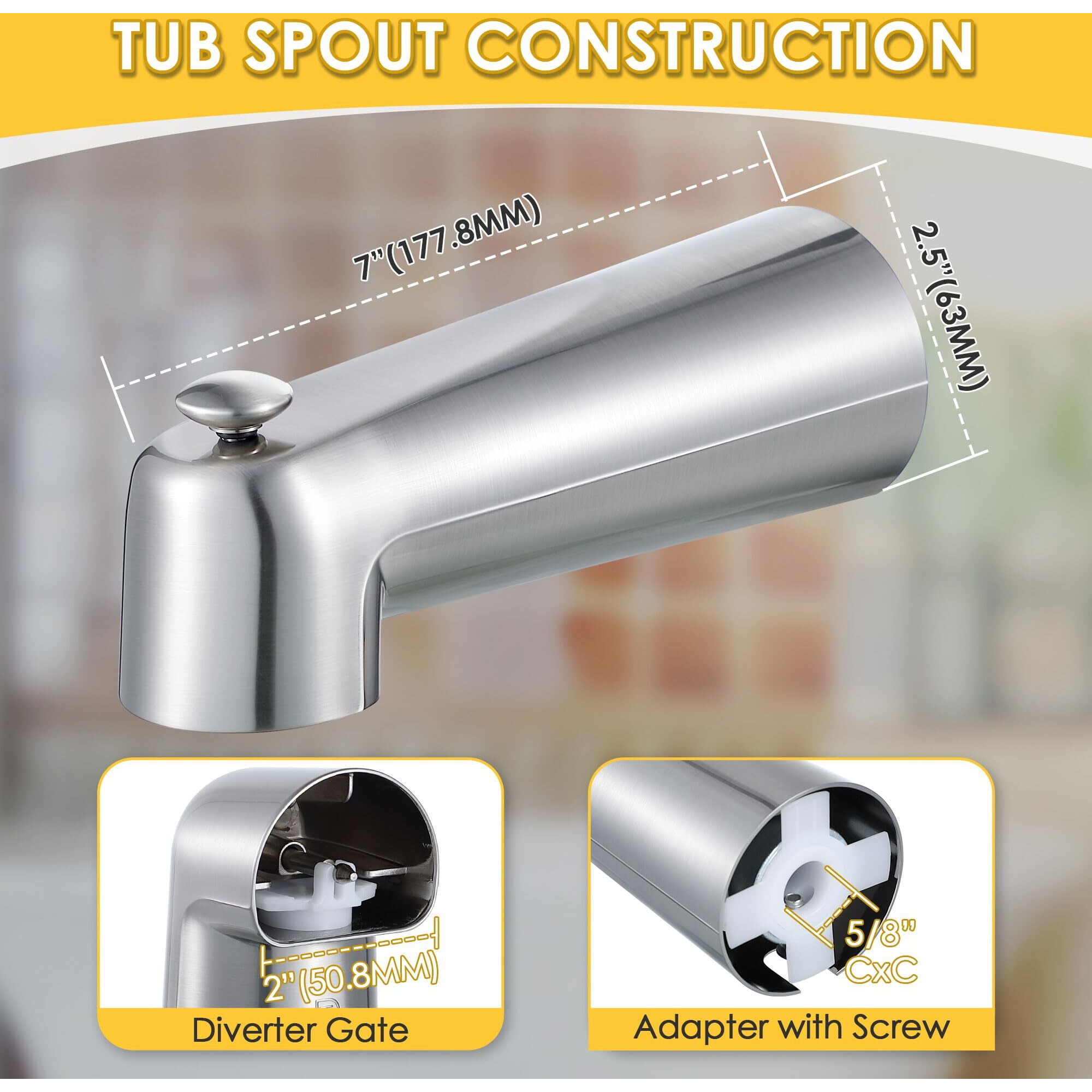 Enhon 7 Inch Slip On Tub Spout With Diverter  Compatible With Moen 3839/Moen 3853 Tub Spout  Tub Diverter Spout Fits 1/2"" Copper Water Tube(5/8"" Diameter)  5/32"" Hex Wrench (Brushed Nickel)