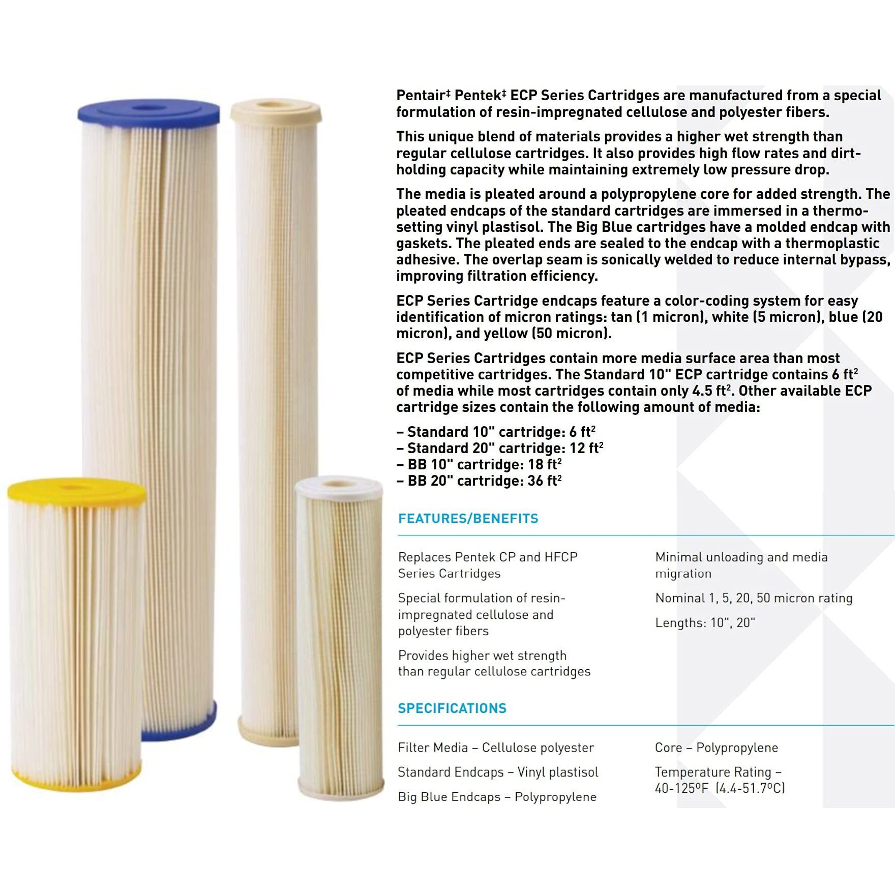 Pentair Pentek Ecp5-20 Sediment Water Filter  20-Inch  Whole House Pleated Cellulose Polyester Replacement Cartridge  20"" X 2.5""  White End-Cap  5 Micron