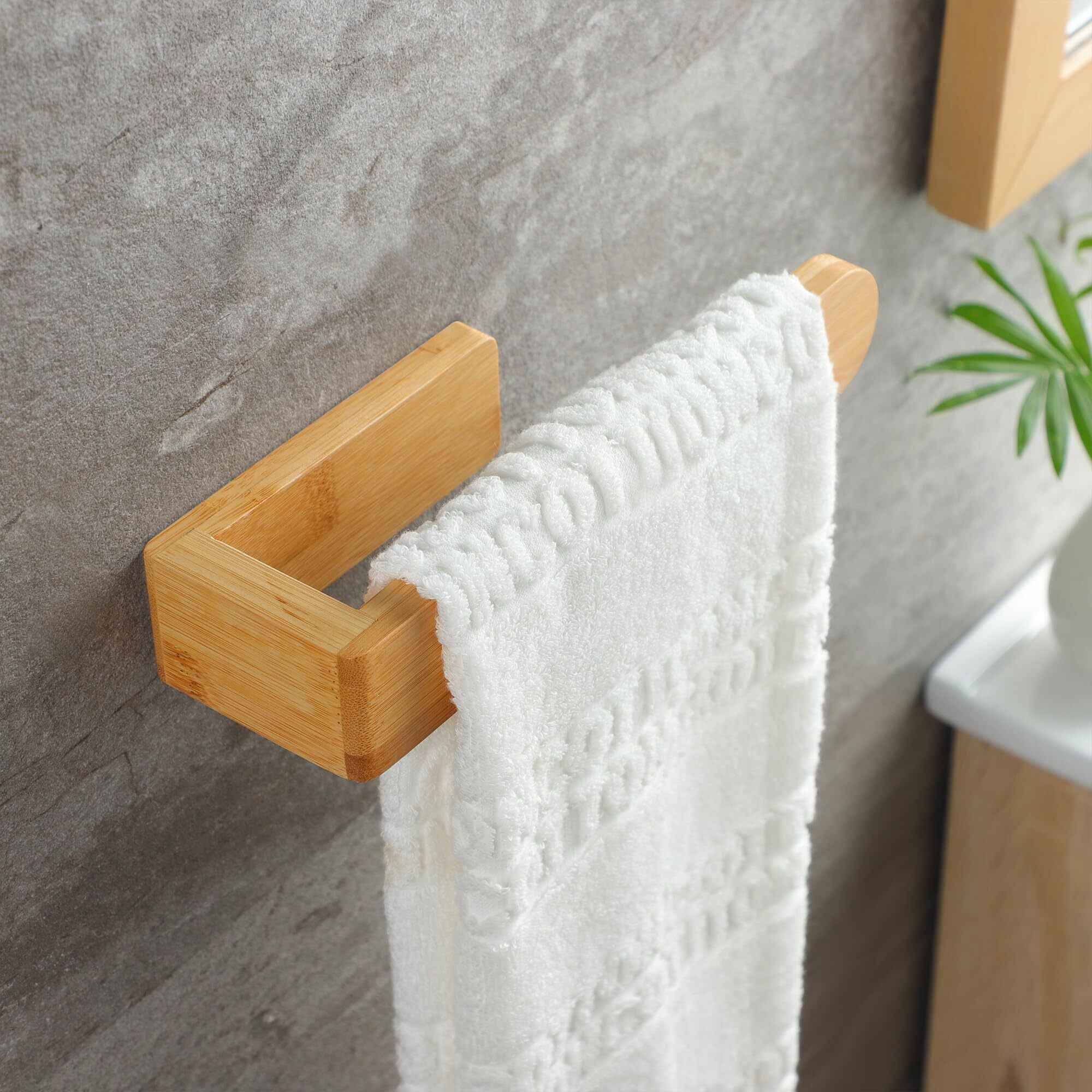 Taozun Towel Holder - Self Adhesive Bamboo Towel Rack  Decorative Natural Wooden Towel Rail For Bathroom  8 Inch Wall Mounted Towel Bar For Kitchen