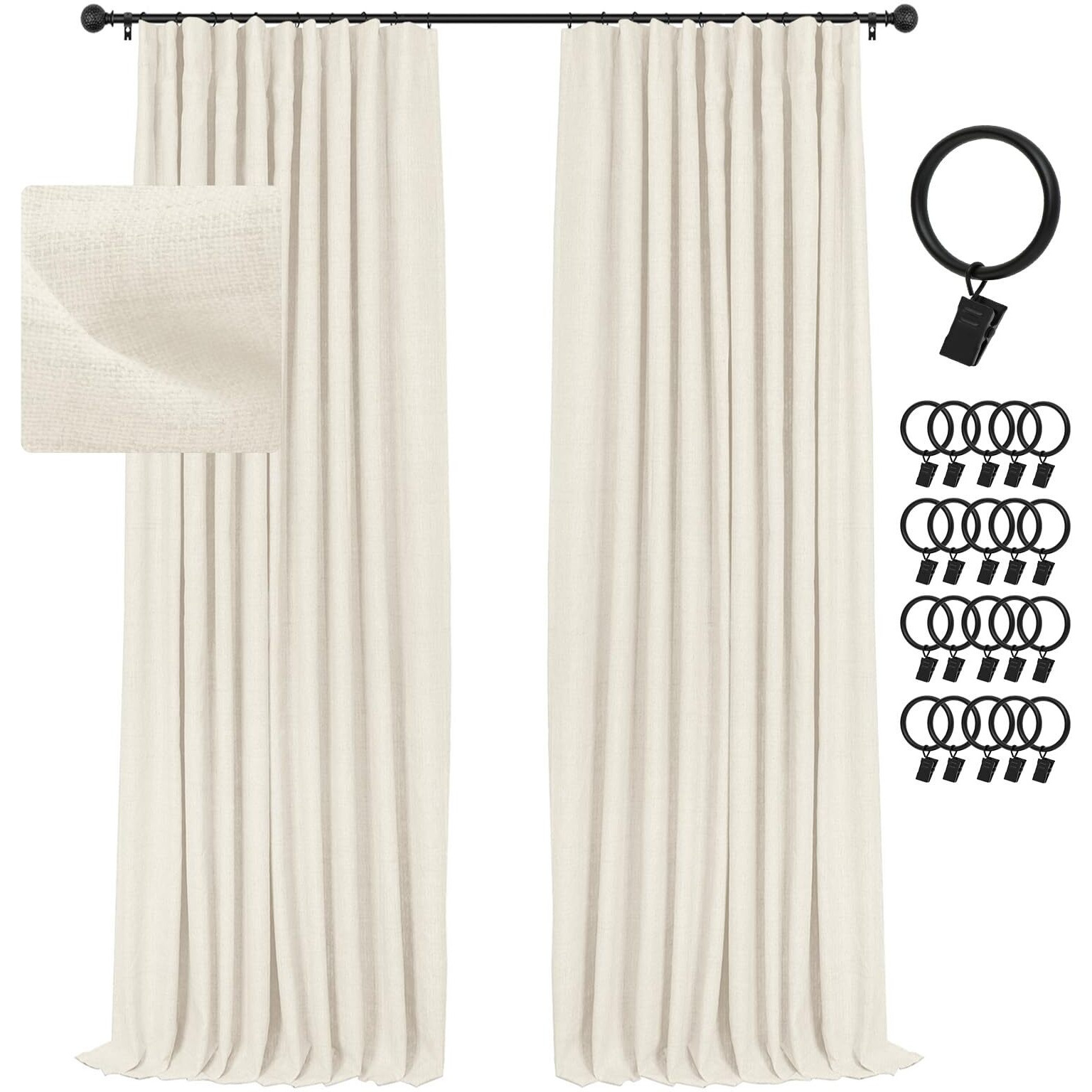 Inovaday Cream Blackout Curtains  2-Panel Linen Textured 100% Thermal Insulated Room Darkening Sun Blocking Drapes For Bedroom  Nursery  Living Room + 20 Curtain Ring Clips -W50 X L84  Light Cream