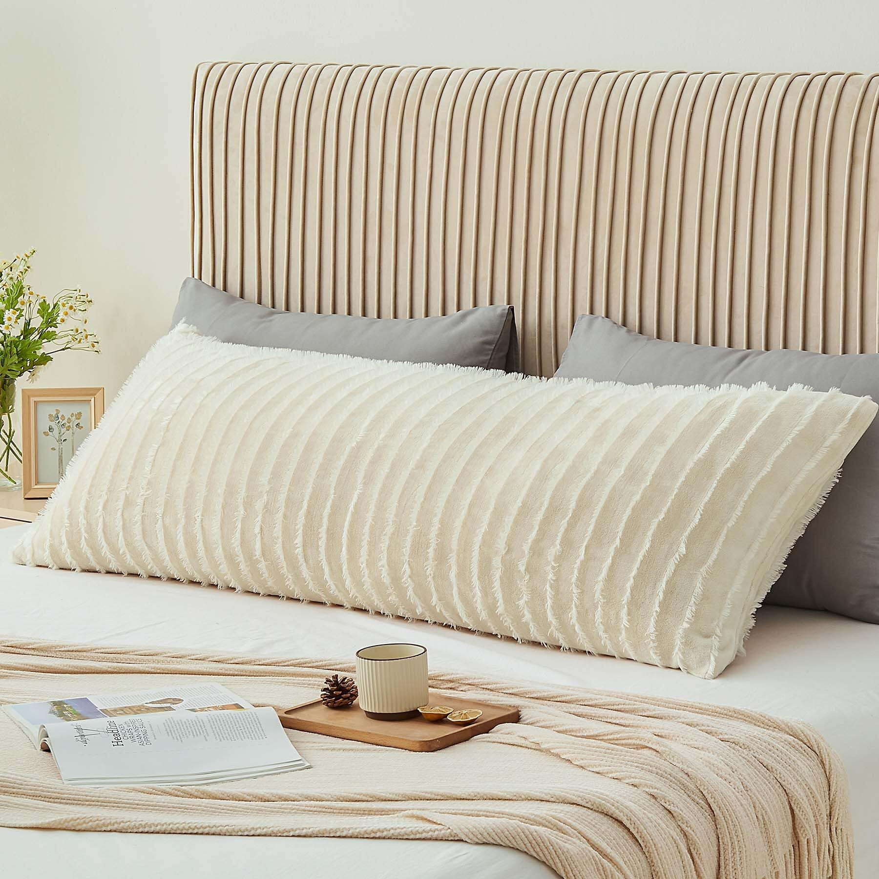 Bedelite Body Pillow Cover With Zipper Closure  Decorative Boho Fleece Body Pillow Case Cover 20 X 54 Inches  Luxury Fluffy Plush Long Body Pillow Pillowcase For Fall And Winter(Beige-Boho)