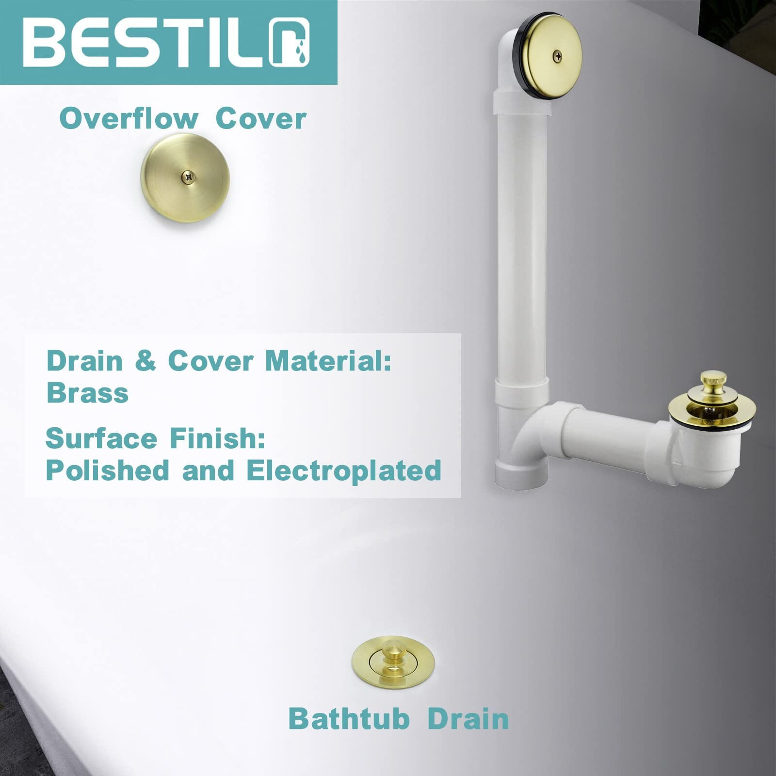 Bestill Bathtub Drain Kit And Overflow Faceplate  Brushed Gold