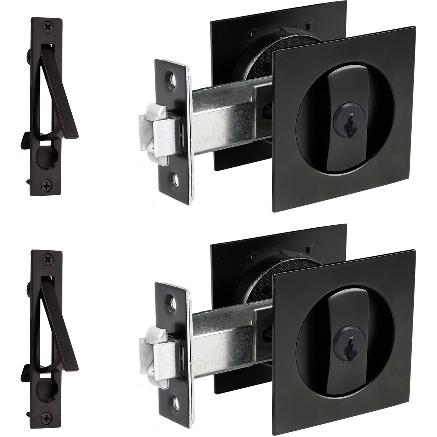 Dontay 2 Pack Pocket Door Lock With Key  Contemporary Entrance Sliding Barn Door Lock Latch  Recessed 2 Sided  2 3/8"" Backset  Flush Handles Hardware (Including Edge Pull  Matte Black  Square)