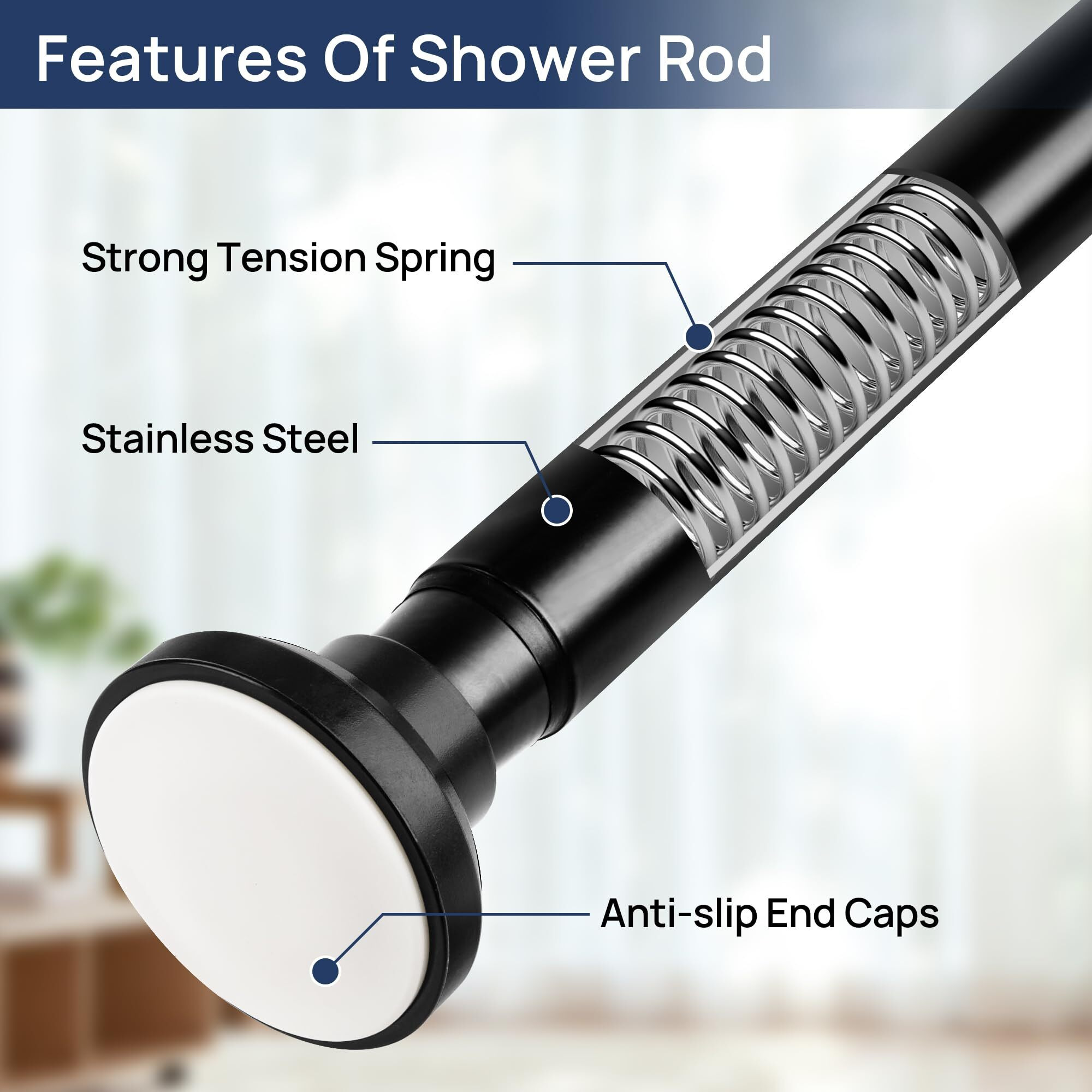 Matte Black Shower Curtain Rod 33 To 87 Inches  1 Inch Adjustable Spring Tension Curtain Rod No Drill  Stainless Steel Shower Rod For Bathroom  Closet  Window  Room Divider  Never Rust  Non Slip