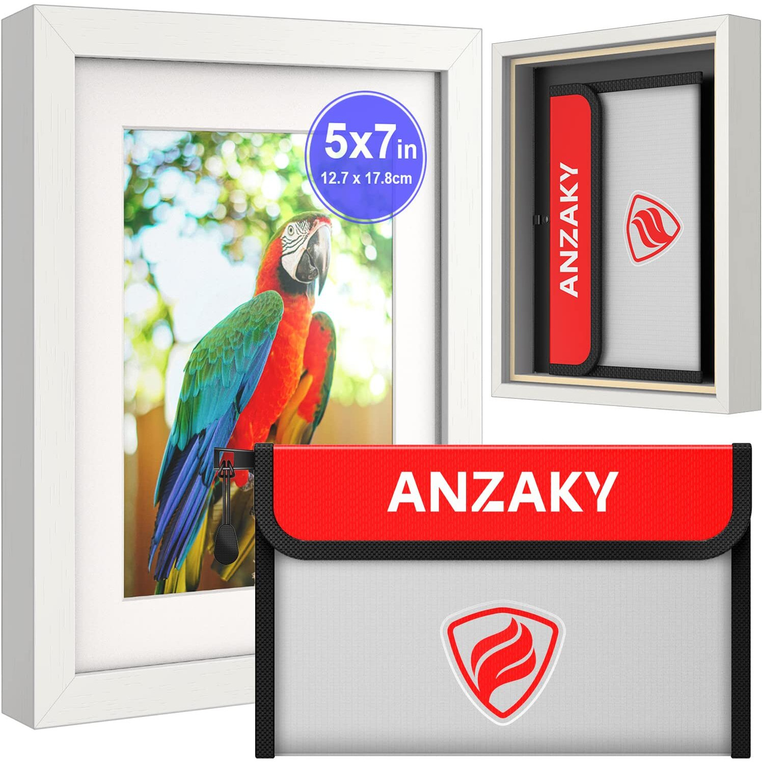 Anzaky Photo Picture Frame Diversion Safe With Fireproof & Waterproof Money Bag  Valuable Safe Storage  Home Safe  Mini Safe Box With Hidden Compartment To Shield Your Money  Cash  White 5"&quotX7""