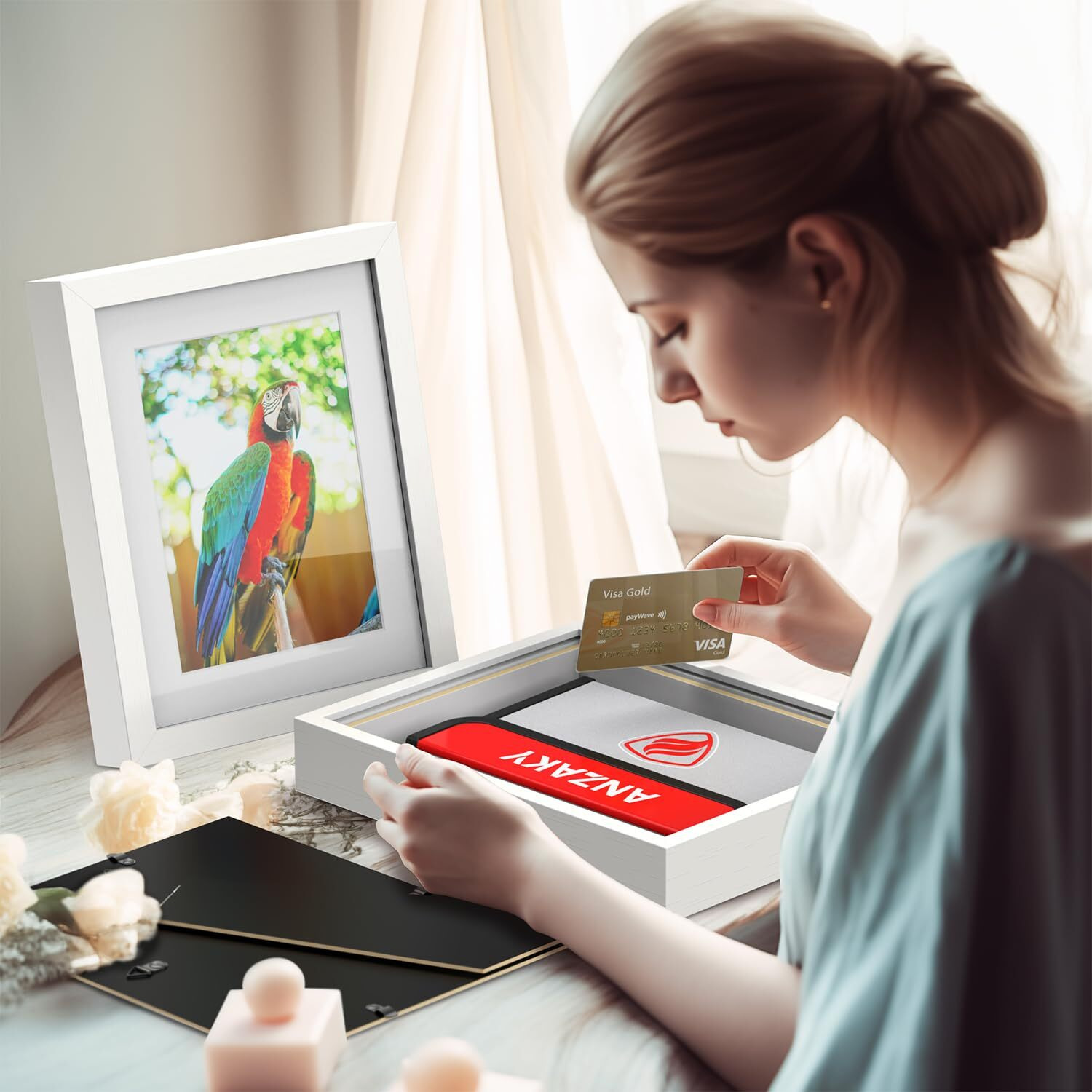 Anzaky Photo Picture Frame Diversion Safe With Fireproof & Waterproof Money Bag  Valuable Safe Storage  Home Safe  Mini Safe Box With Hidden Compartment To Shield Your Money  Cash  White 5"&quotX7""