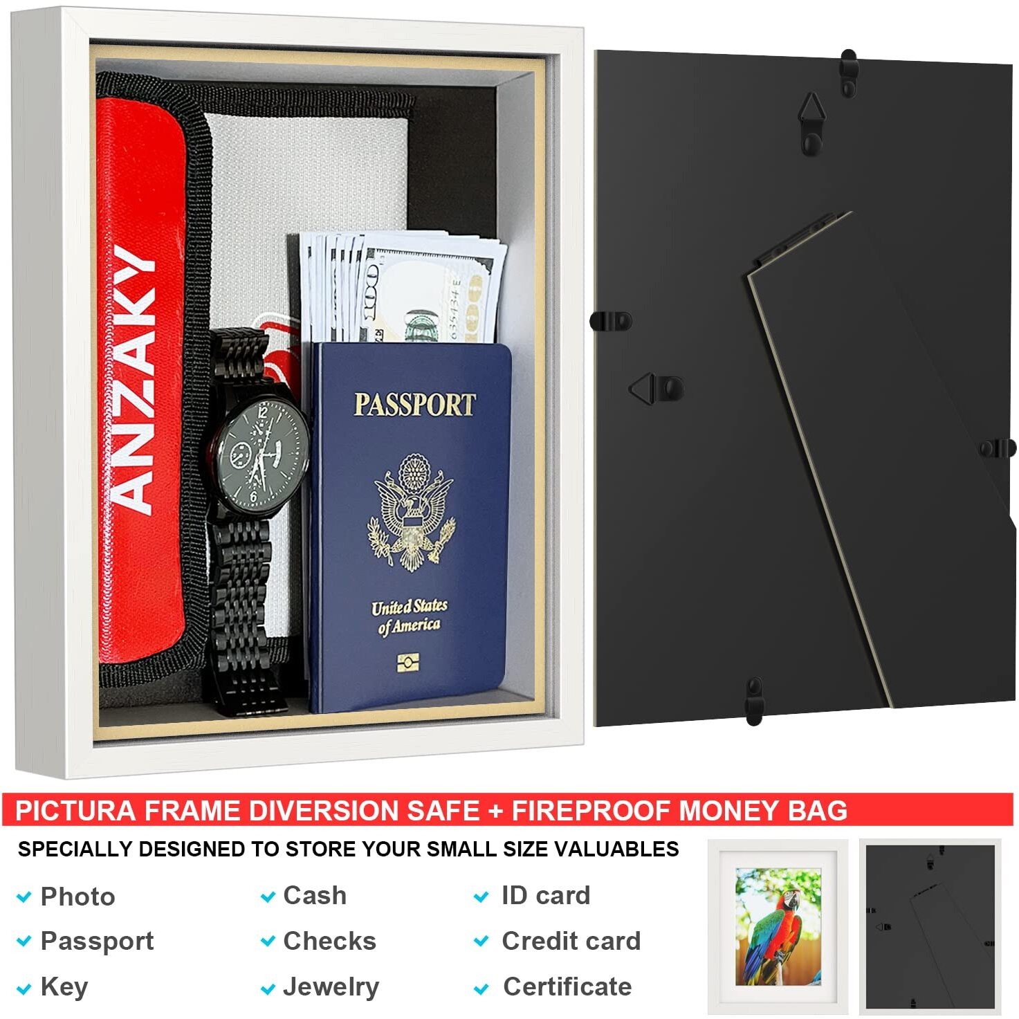 Anzaky Photo Picture Frame Diversion Safe With Fireproof & Waterproof Money Bag  Valuable Safe Storage  Home Safe  Mini Safe Box With Hidden Compartment To Shield Your Money  Cash  White 5"&quotX7""