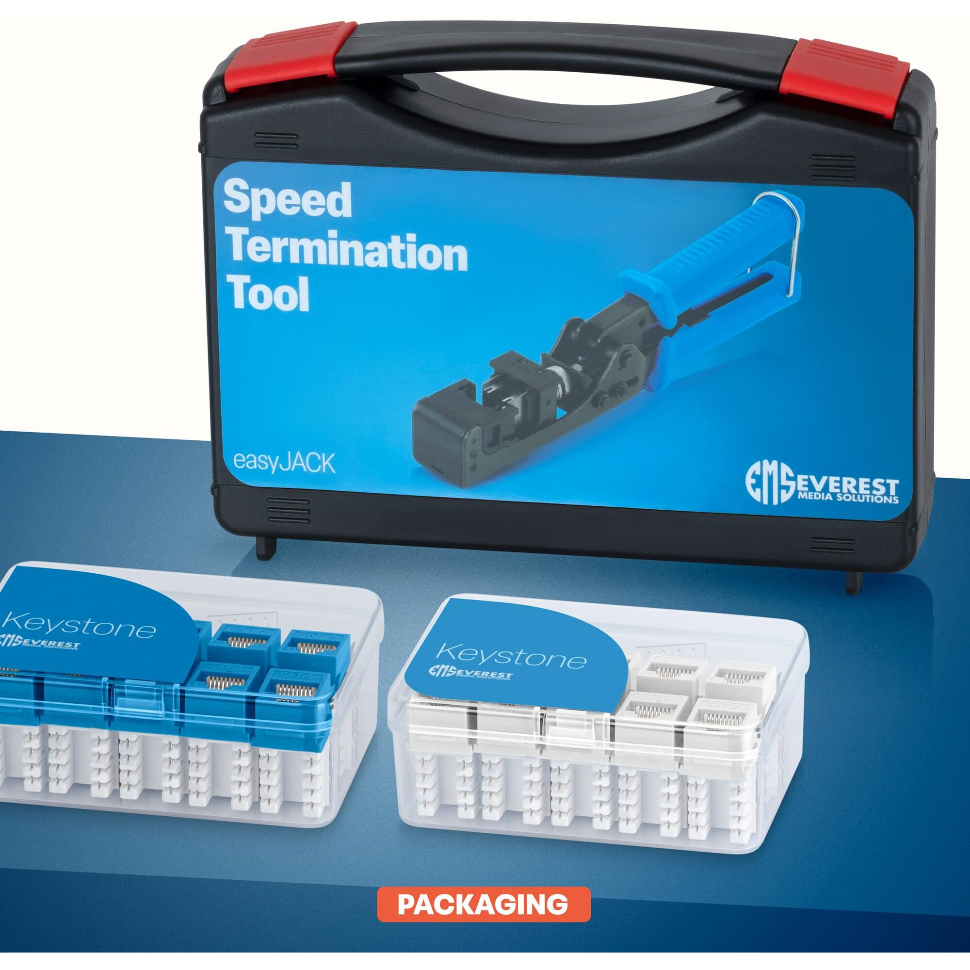 Everest Media Solutions Easyjack - 90 Angled Speed Termination Tool - With 10 Blue & 10 White Cat6 Keystone Jacks - Additional Jacks Are Available - (B087N7Qqd2)