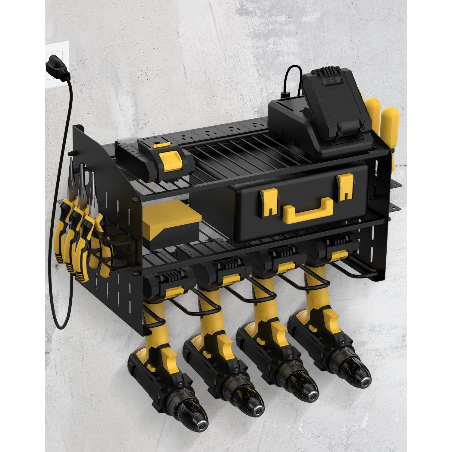 Wellmall Power Tool Charging Station - 3 Layer Wall Mount Power Tool Organizer With Charging Station For Power Drill  6Ac Outlets  Great As Heavy Duty Tool Rack & Tool Holder For Garage Organization