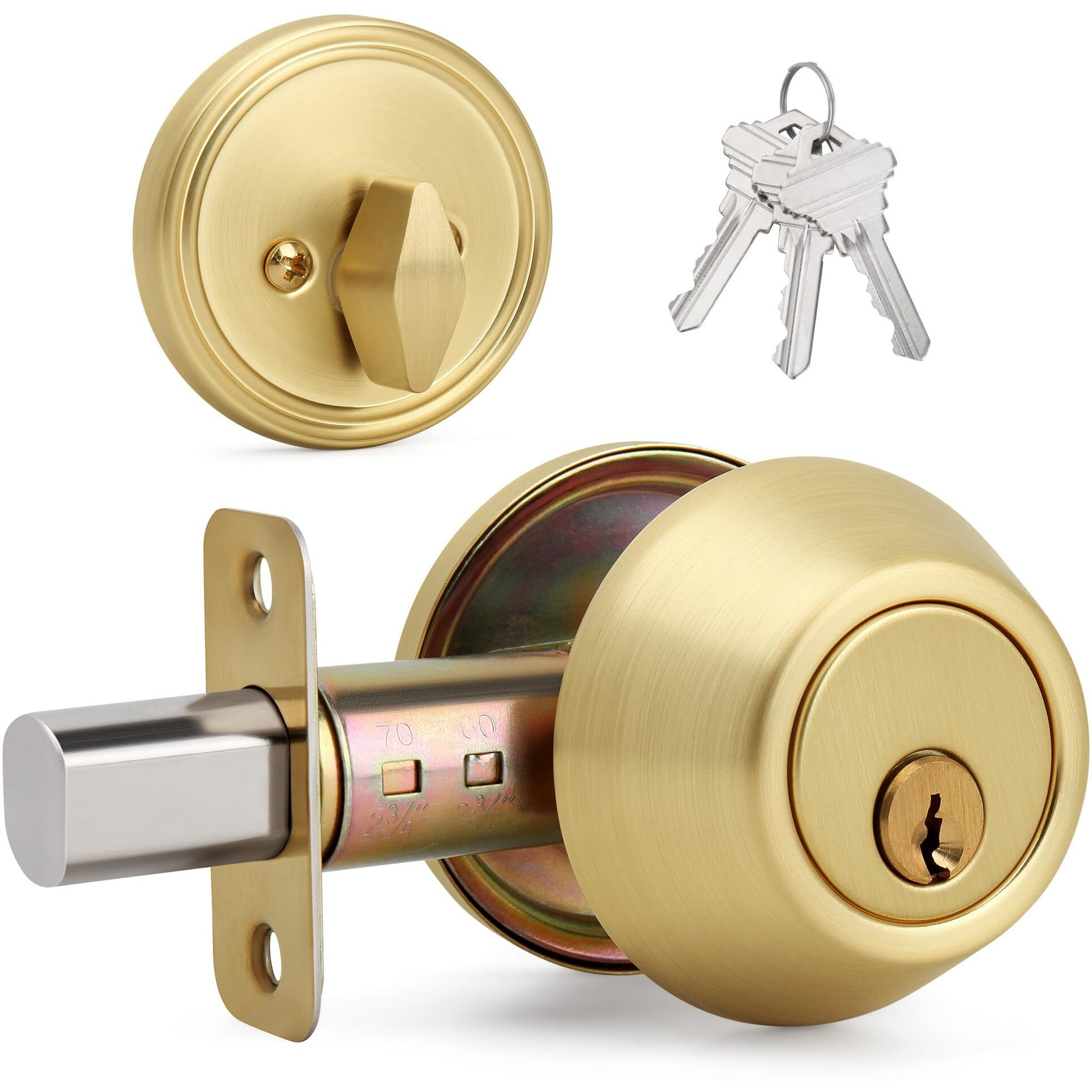 Loqron Round Design Single Cylinder Deadbolt With Keys  Exterior Keyed Dead Bolt Lock For Front Entrance Door Security  Satin Brass